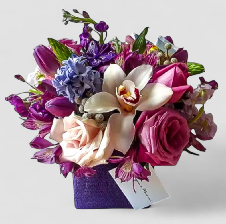 Best Seller - Enchanted Violet Orchid & Rose Bouquet | Same Day Delivery Haddon Township & Haddonfield Best Seller - Enchanted Violet Orchid & Rose Bouquet | Same Day Delivery Haddon Township & Haddonfield - Our Best Seller, the Enchanted Violet Orchid & Rose Bouquet, is a customer favorite for good reason. Featuring elegant roses, exotic orchids, hydrangeas, and seasonal purple blossoms, each arrangement is hand-designed in a modern glass cube vase and finished with a soft violet jute ribbon. Perfect for birthdays, anniversaries, thank-you, or just because - this bouquet delivers beauty and joy every single time. At Joey-Lynn's Flowers, we've been handcrafting fresh floral designs with love an care for over 30 years. We proudly provide local same-day flower delivery to Haddon Township 08108, Haddonfield 08033, and nearby surrounding towns. Choose our most-loved bouquet and send happiness today with flower that make every occasion unforgettable.