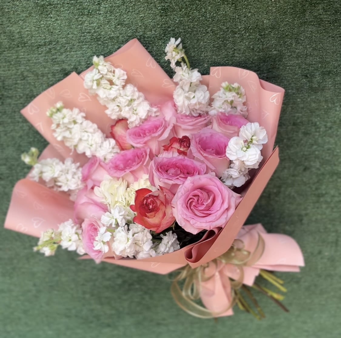 pinky love - 15 pink and peach roses, white stock and hydrangea