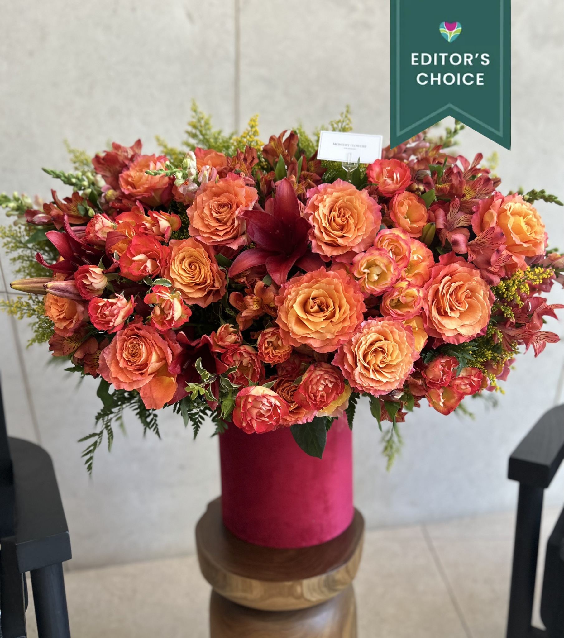 Amber box (Editor's Choice) - Stunning, warm-toned arrangement with orange -yellow roses in a red velvet box