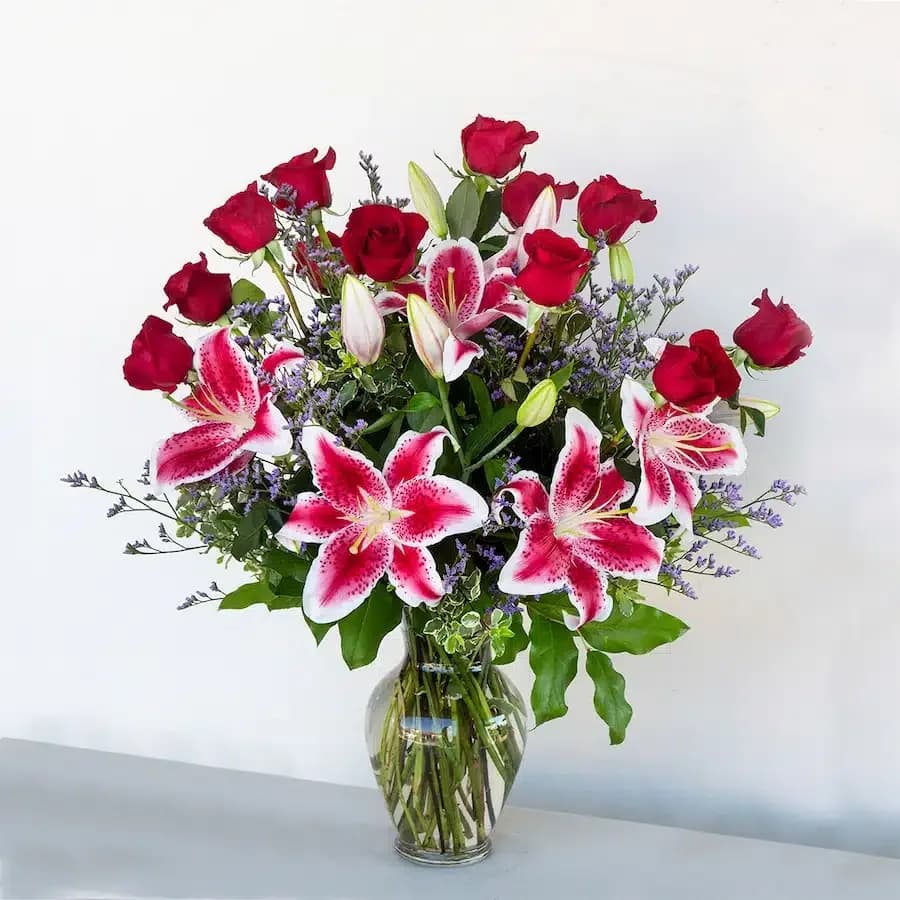 Amazing Love - Fragrant Stargazer lilies and beautiful red roses are a match made in heaven. This stargazer and rose bouquet is luxurious and will surely make your special someone feel loved.