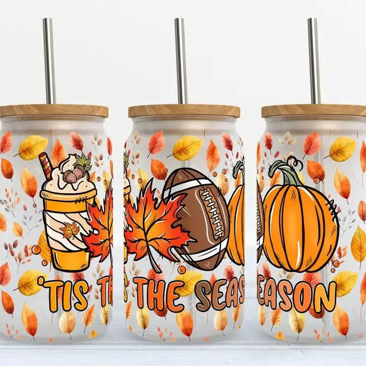 TIS THE SEASON FALL GLASS TIS THE SEASON FALL GLASS - This adorable 16oz Libby Glass Tumbler is perfect for your iced coffee, water, or your favorite cold beverage. All Glass Tumblers are handmade with sublimation Images that won't peel. Grab one for yourself or give to a family member, friend, or coworker these make excellent gifts. Cup Care: -Includes glass cup, bamboo lid, and plastic straw -Gently Hand wash in warm water, Do not scrub. - DO NOT soak -Not dishwasher or microwave safe. All pieces are done by hand and all are subject to slight imperfections. Details Weight: 12 oz (340.19 g)