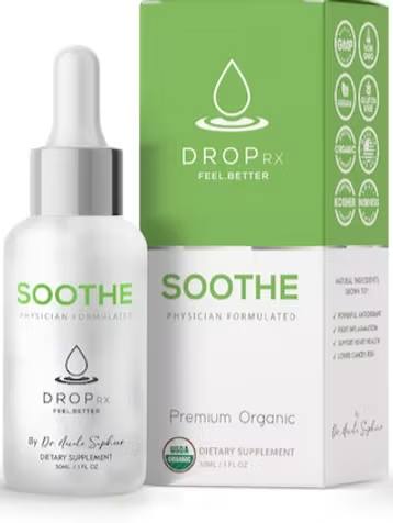 DropRx by Dr. Nicole Saphier Sooth DropRx by Dr. Nicole Saphier Sooth - Liquid Nutraceuticals: A warming blend of Organic Turmeric Root and Organic Ginger Root—traditionally used to support inflamation and digestive comfort. This time-honored duo is a favorite in wellness routines for those looking to feel their best, naturally. Physician formulated. A clean product you can trust. Certified Organic. Easy-to-take liquid drops: 2oz bottle. 1-2 dropper fulls daily under tongue or diluted in your favorite beverage or food. Use up to 4 times daily. Each bottle contains 30 to 60 doses. Children under 18, pregnant or nursing individuals with known medical conditions should consult a physician before using this or any dietary supplement. Suitable for most lifestyles: Vegan, Non-GMO and Kosher Certified. Made in the USA, Small Business Owned.