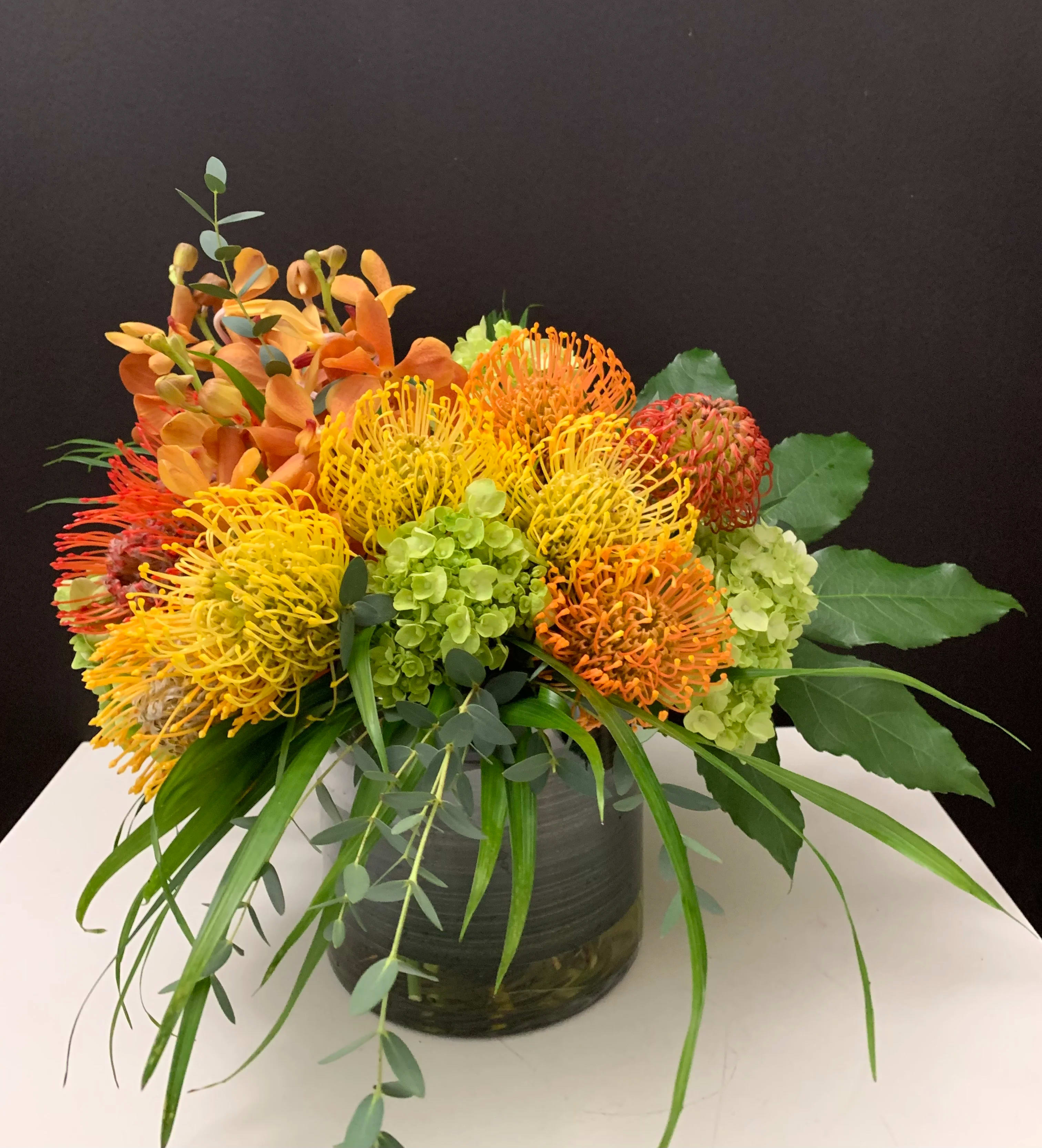 Tropical selection  - Protea flowers, Orchid blooms, Hydrangeas, green 