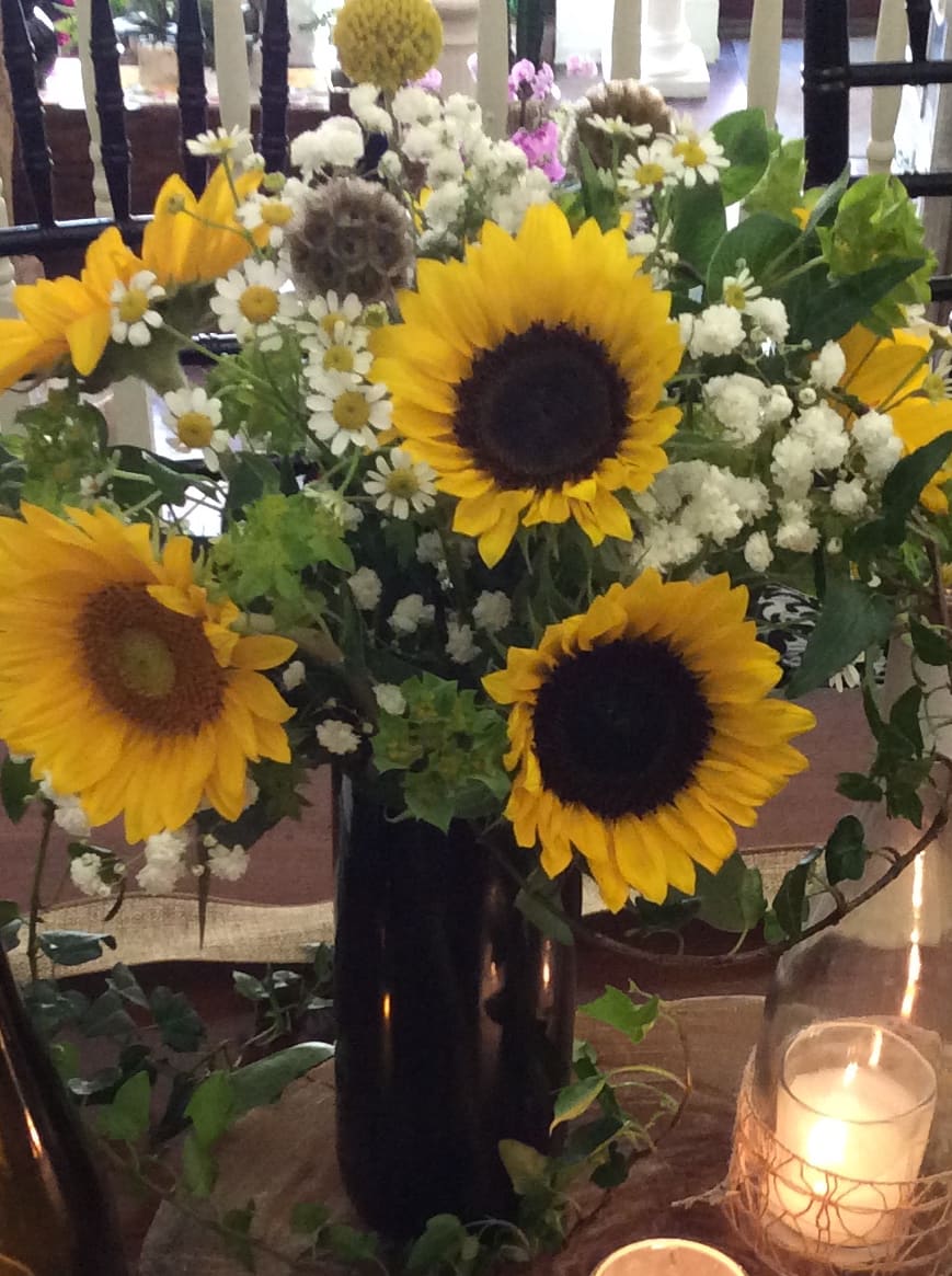 Ray of Sunshine: Sunflowers Special Sale - A summery collection of pretty little filler flowers such as Chamomile and Gypsophilla adorn happy stems of Sunflowers, designed in vase. Just the perfect gift to brighten the day. Deluxe Shown.
