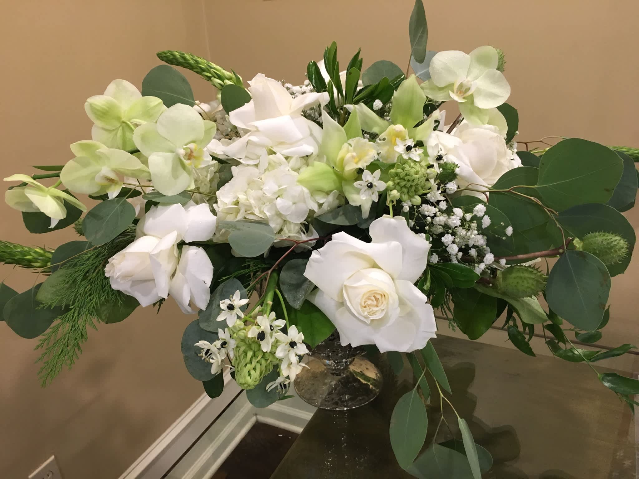 Tribute White Roses and other Blossoms - Elegant collection of all white bloosams with gentle acsent green  