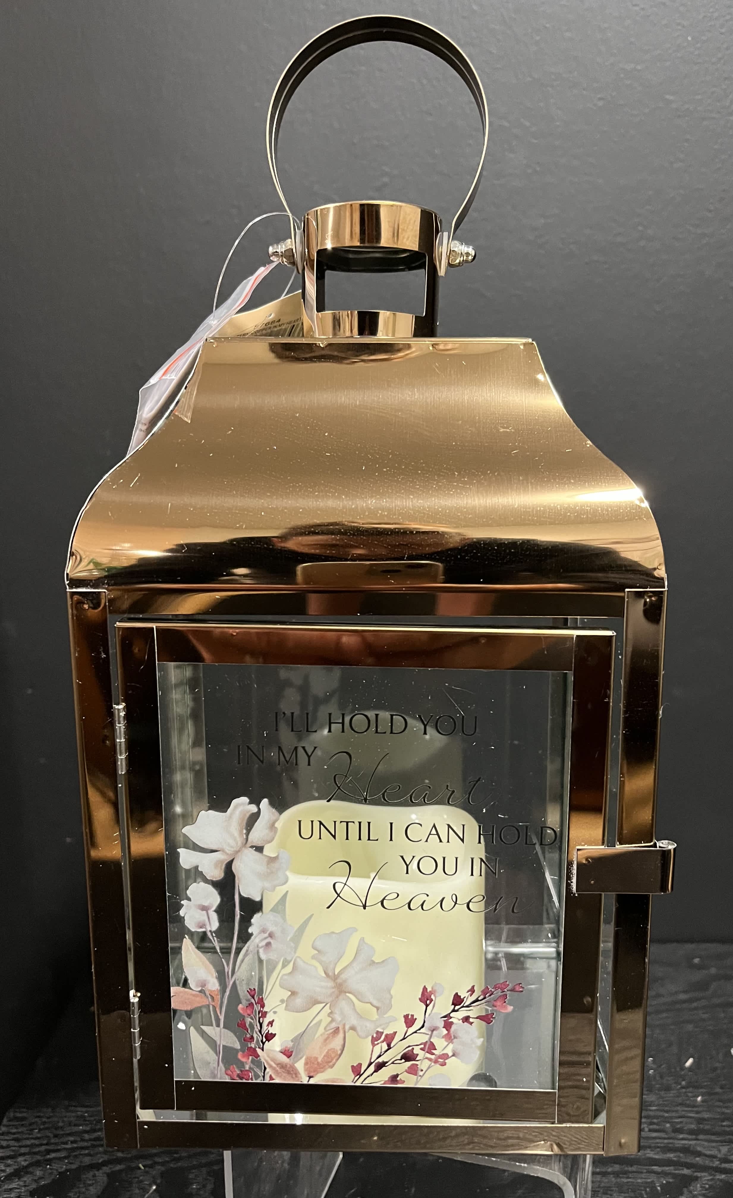 Copper Metal Sympathy Lantern - 10.5 x 6 metal lantern  I’ll hold you in my heart until I can hold you in Heaven Saying will vary depending on availability