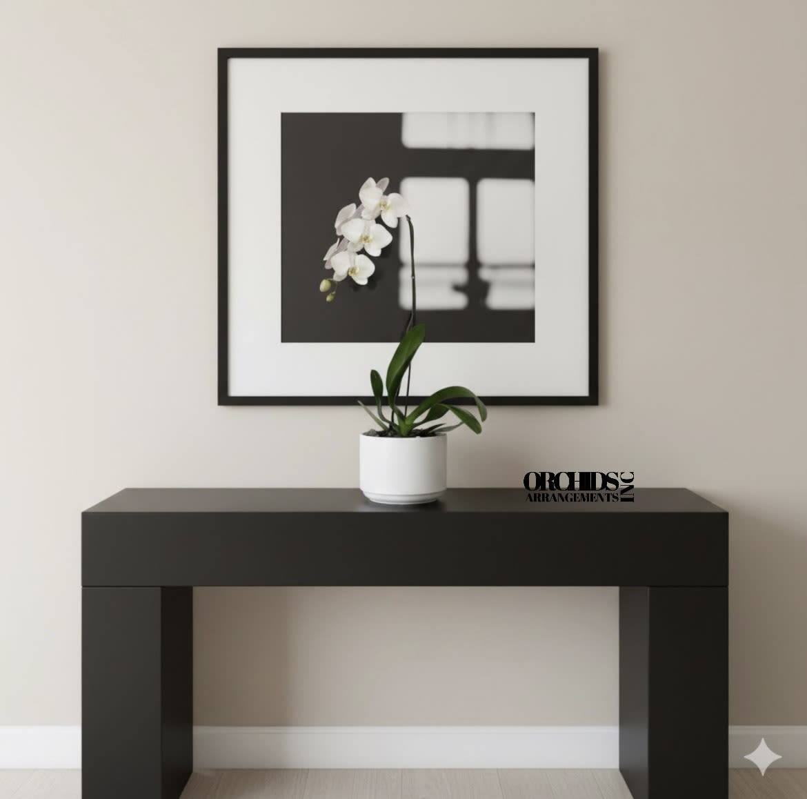 Orchids Phalaenopsis Miami Stunning Arrangement - A high quality Single white orchid arrangement with a vase 7&quot; D X 5&quot; T. An orchids arrangement deliver for any occasion design with fresh natural real beautiful Phalaenopsis cascade orchids plants minimalist decor. 