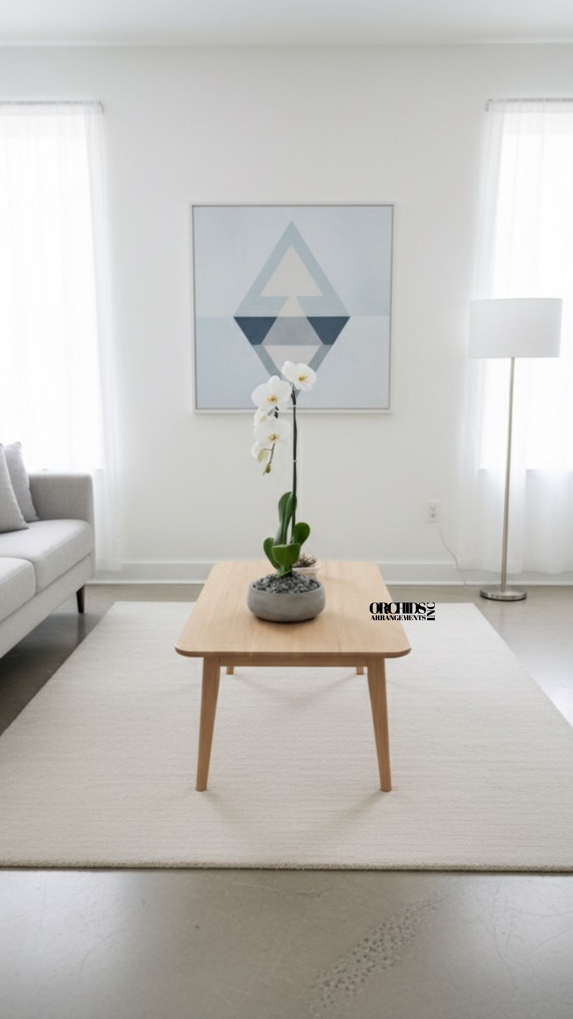 Orchids Phalaenopsis Miami Cascading Arrangement - A high quality Single white orchid arrangement with a vase 8.5&quot; D X 3&quot; T. An orchids arrangement deliver for any occasion design with fresh natural real beautiful Phalaenopsis cascade orchids plants minimalist decor.