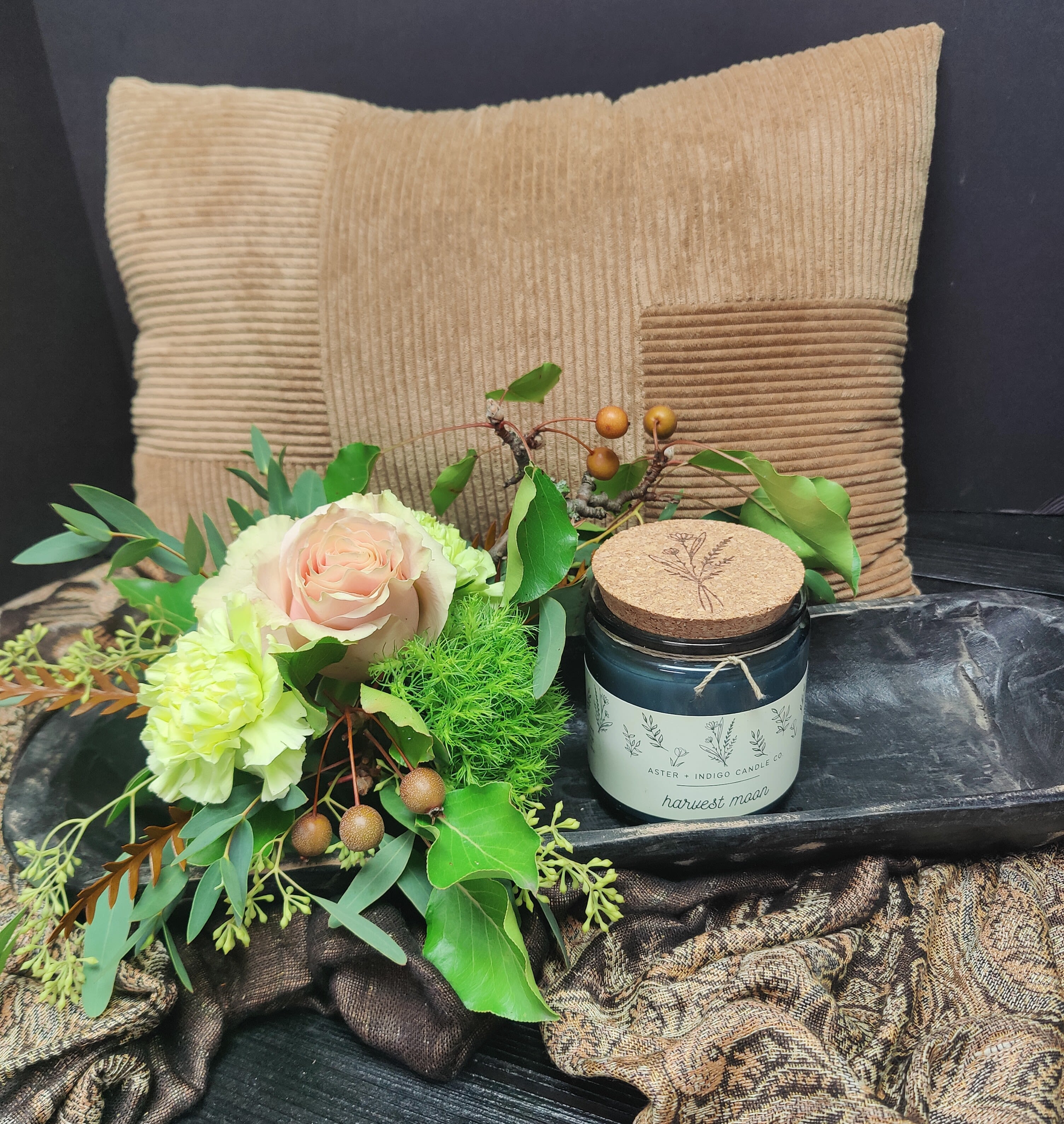Harvest Moon - A great gift set fresh flowers , candle, all on a great wood tray.