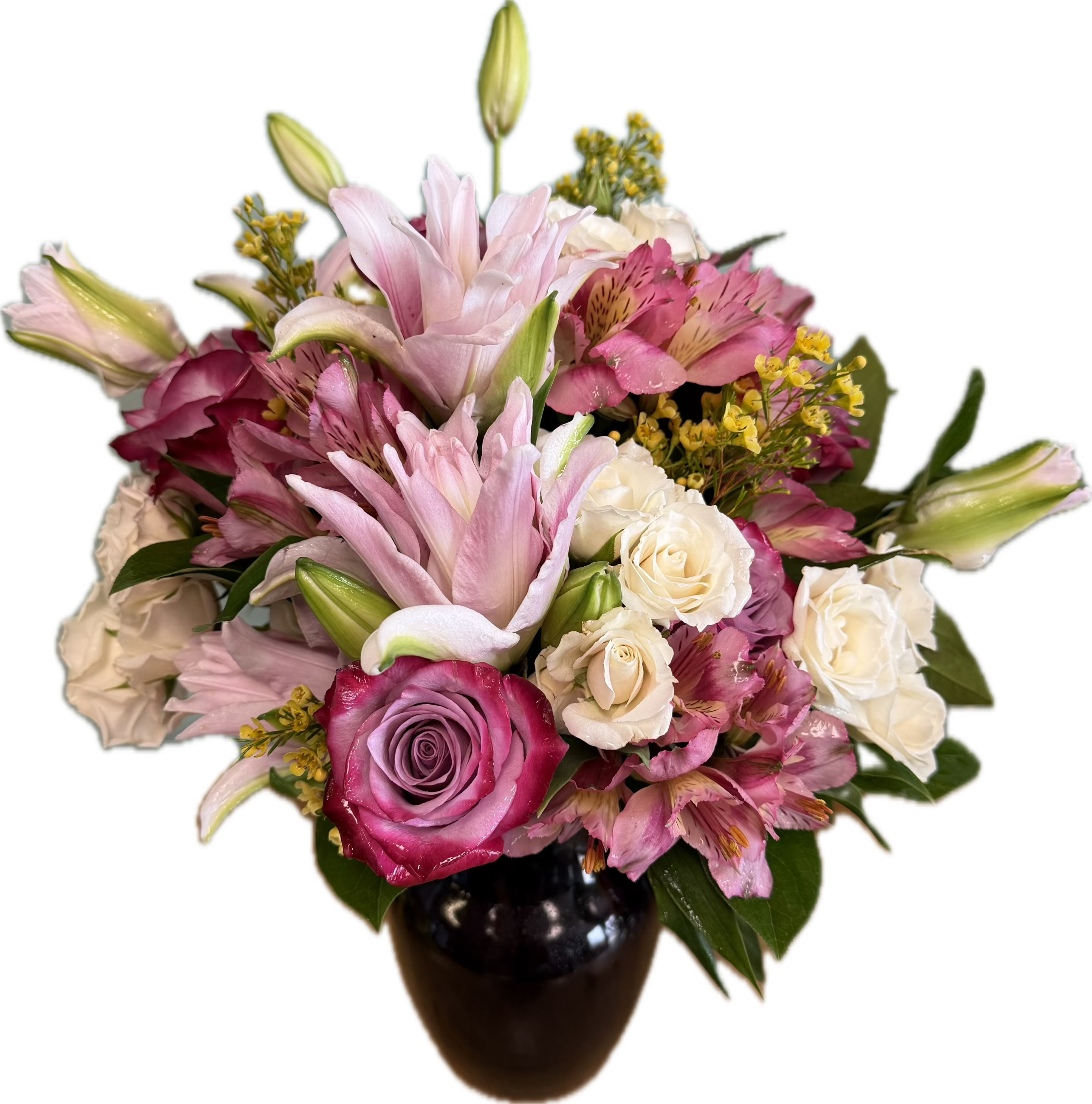 The Pinks of my Heart The Pinks of my Heart - Rose lilies, spray roses, Alstroemerias