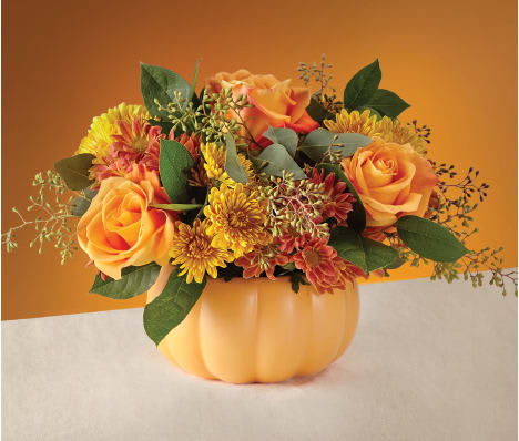 Pumpkin Spice Bouquet Pumpkin Spice Bouquet - Fresh bouquet of orange roses, mixed fall poms in a ceramic pumpkin