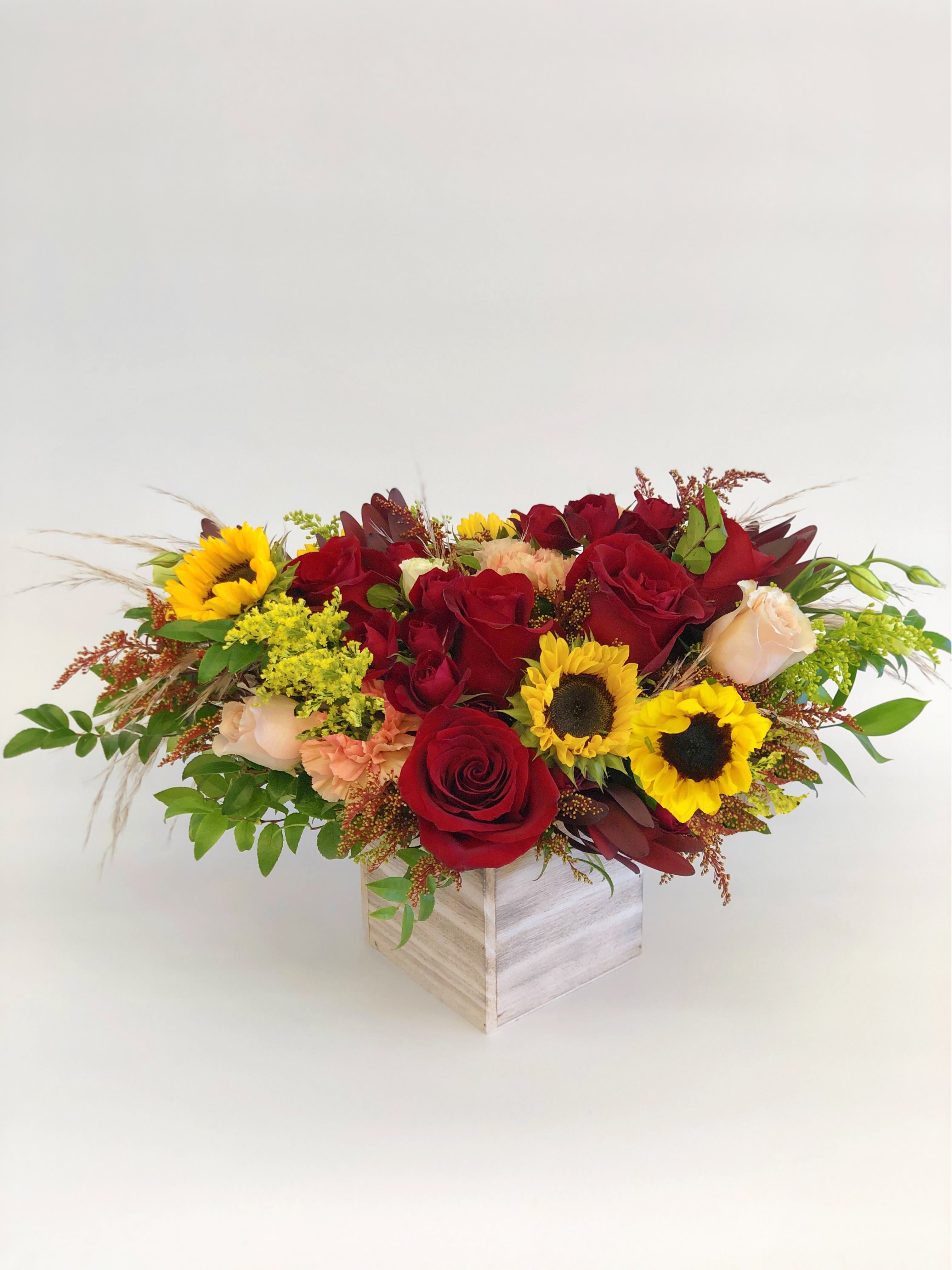 Fall Garden Style Wood Box  - If You want bouquet with a twist, choose our flower boxes. We have wood boxes for rustic looking arrangements, or hat boxes for a more elegant look. It’s a beautiful and convenient way. Flowers in boxes don’t need vases. That makes it perfect for transportation and keeping flowers hydrated and secure.