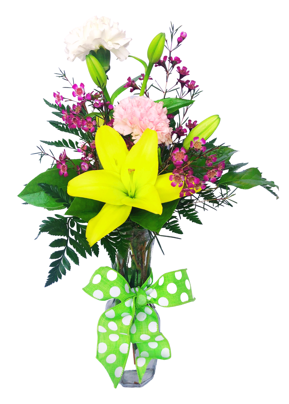 Chic Mama Chic Mama - Two Carnations, Asiatic Lily, Waxflower with greenery in glass vase tied with printed ribbon. Approximately 18" Tall, 9" Wide