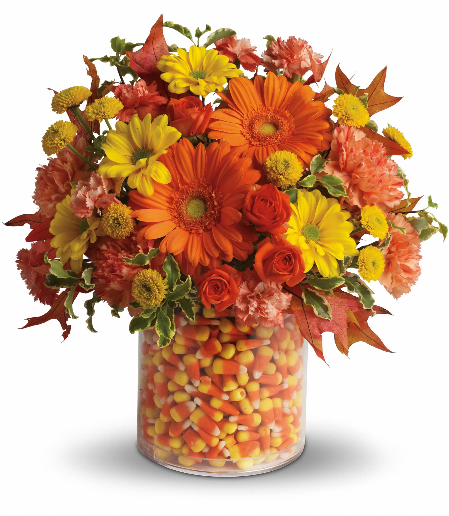 Candy Cornie Candy Cornie - How about a trick with your treats? The trick is that the candy corn is inside an invisible panel within the cylinder vase. The treat? Well, obviously it's the delightful fall flowers inside the vase!