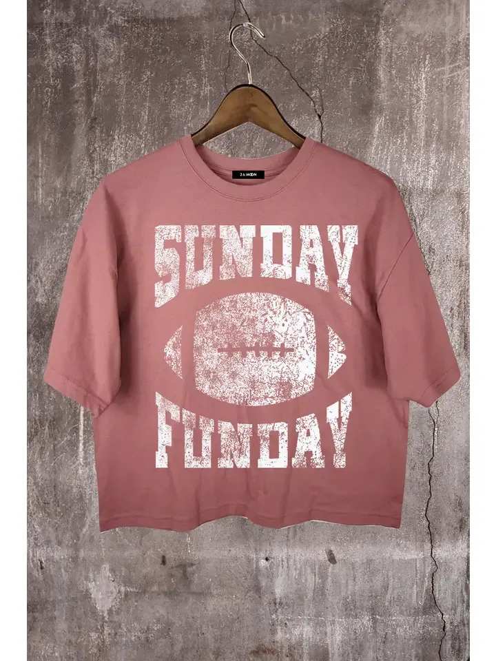 SUNDAY FUNDAY T SHIRT -  Must-have short sleeve crop graphic tee – 30 single 100% cotton  Loose fit, stylish, soft, comfortable, crew neck crop shirt Graphic is created by In -House designer. Designed, Silk Printed  in USA Small: HPS-22 1/2&quot; Chest 21&quot;  Sweep 21 1/2&quot;  Please be kindly aware that slight variations in color may occur due to monitor resolution differences and color setting.   