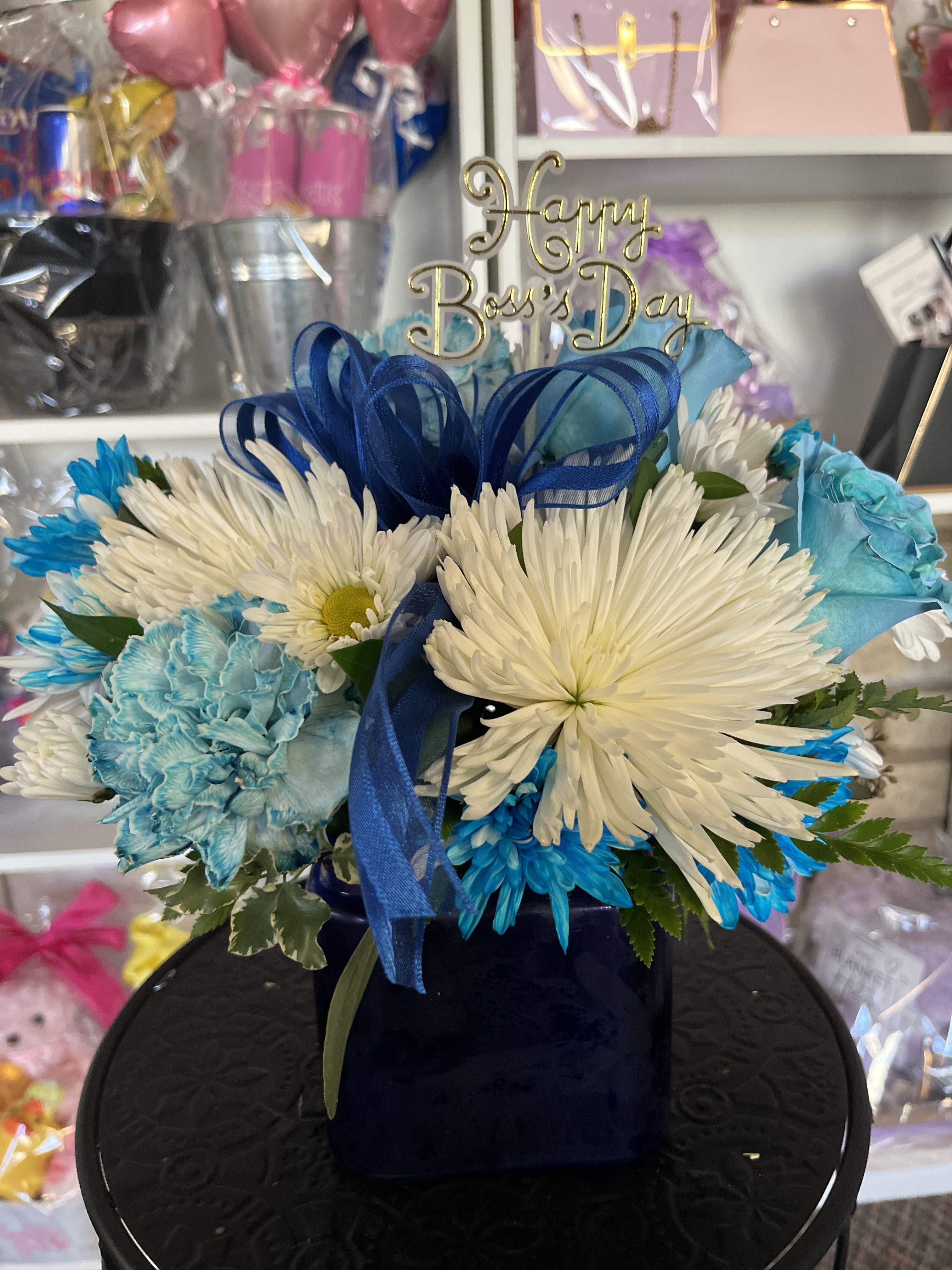 Happy BOSS Day -Blue Vibe  - fresh flowers in blue vase 