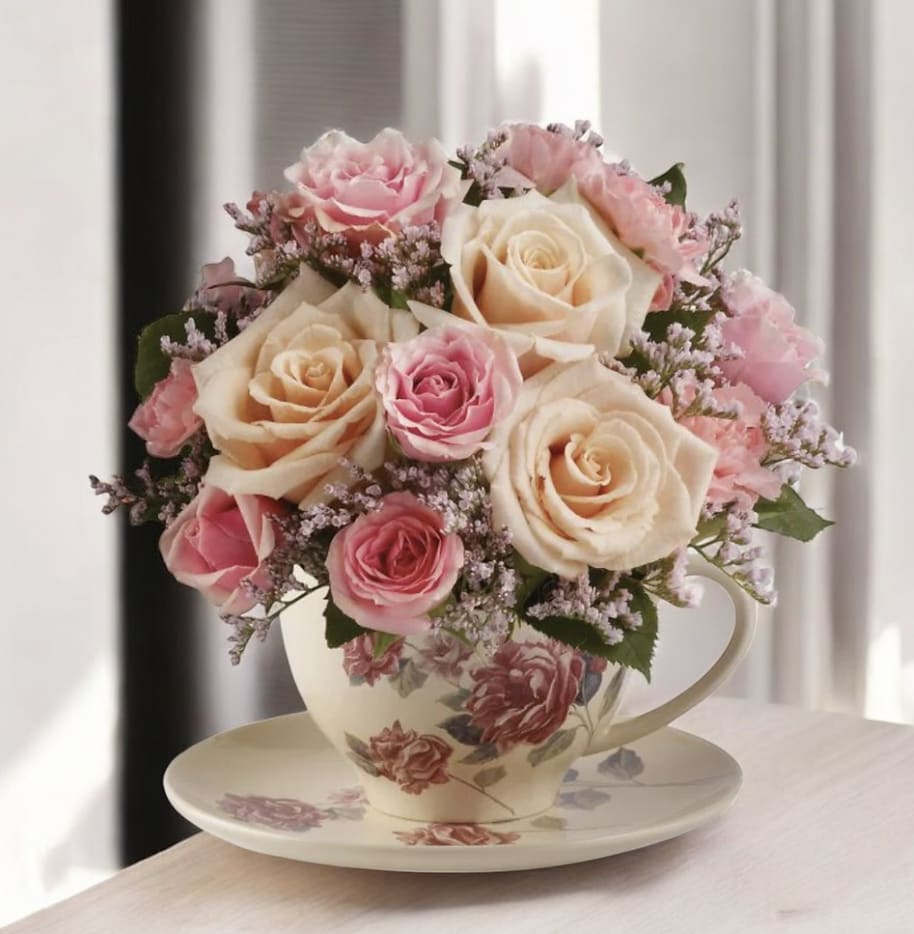 Cup of Love Flowers and Keepsake Cup of Love Flowers and Keepsake - If your love is overflowing, this is the perfect arrangement to show how much you care! Delicate spray roses fill a dainty teacup keepsake for your loved one