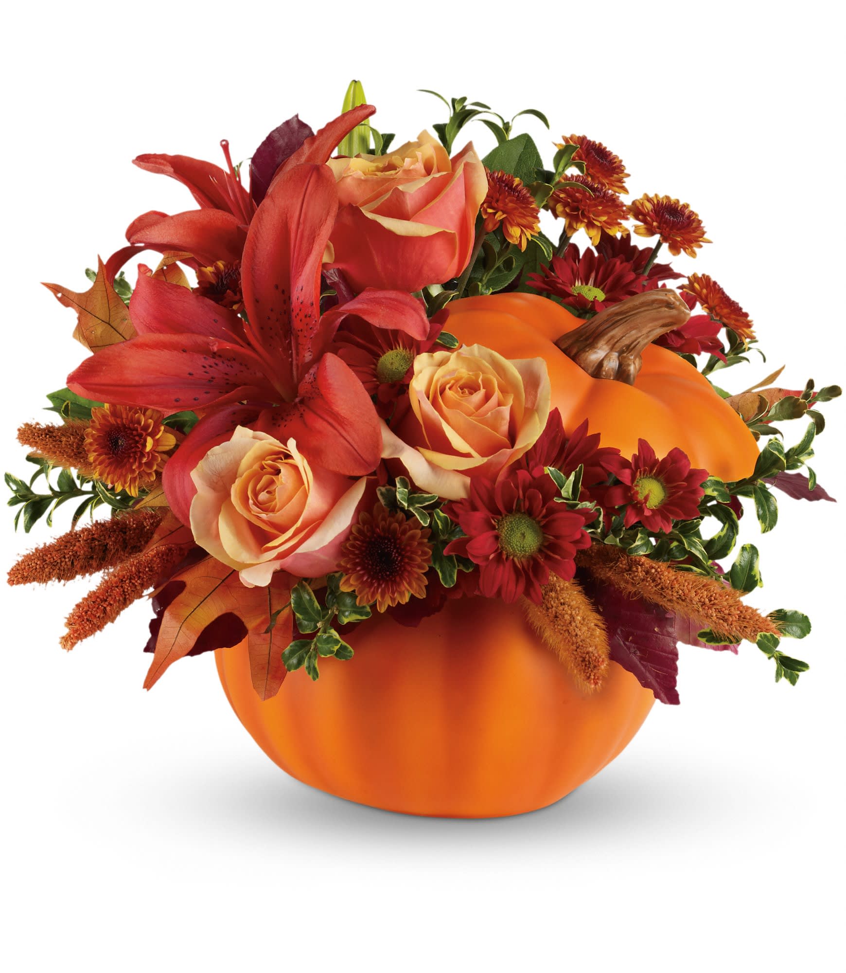 Autumn's Joy Pumpkin Autumn's Joy Pumpkin - This rustic arrangement includes orange roses and asiatic lilies, bronze button spray chrysanthemums and red daisy spray chrysanthemums, finished with accents of burgundy copper beech, brown china millet, and brown and yellow oak leaves. Delivered in a ceramic pumpkin. Approximately 13 1/2" W x 12" H. T12H110A