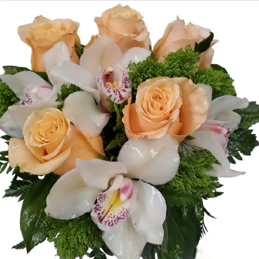 Peach rose and Cymbidium orchid *cat friendly Peach rose and Cymbidium orchid *cat friendly - Peach Roses & White Cymbidium Elegant and passionate, this stunning arrangement combines the soft beauty of peach roses with the exotic grace of white cymbidium orchids, accented by lush mixed greens. Arranged in a sleek glass cube vase, this design is both modern and timeless. It’s a floral expression that takes passion to new heights and is sure to leave a lasting impression on someone truly special. Bonus: This arrangement is cat-safe, making it a thoughtful and worry-free gift for pet-loving households.