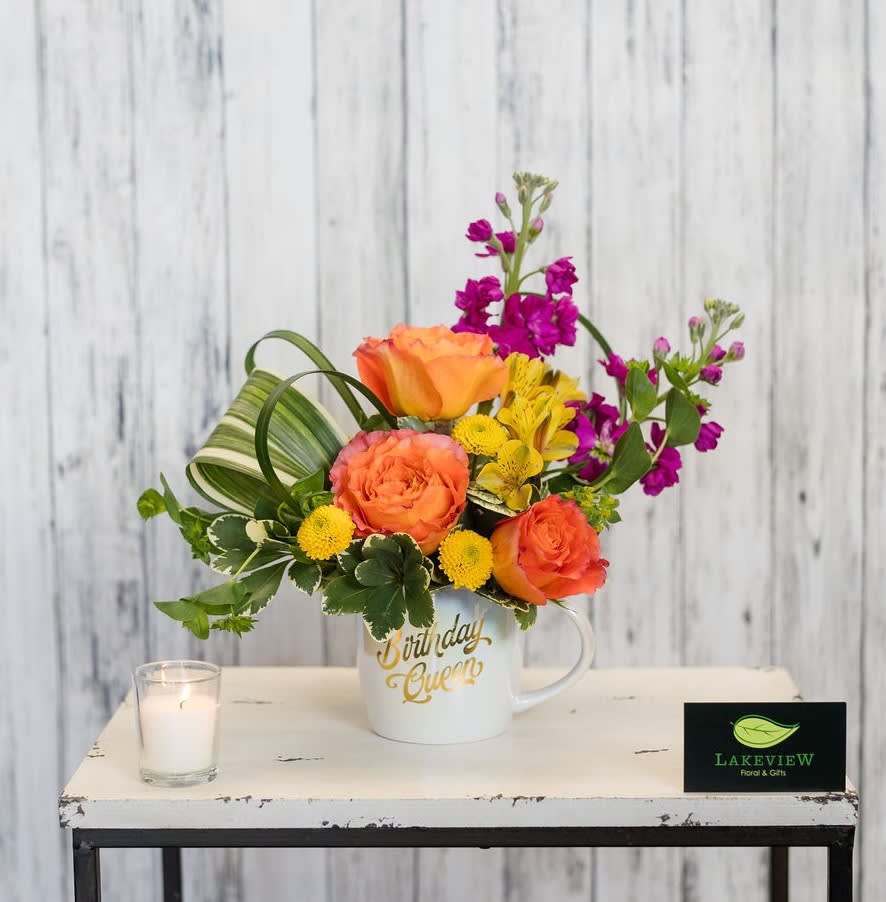 Queen Queen - Let everyone know it's her special day with a 'Birthday Queen' iridescent mug filled with bright, festive blooms. Long after the flowers have faded, it will be a reminder of your thoughtfulness.