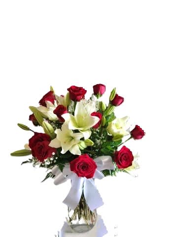 LOVE AND PASSION LOVE AND PASSION - ROMANTIC DESING WITH RED ROSES AND WHITE LILIES, BEAUTIFULY DESIGNED I A CLEAR OR RED VASE