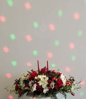 Long and Low Centerpiece by Xochitl Flowers Long and Low Centerpiece by Xochitl Flowers - Red and White Centerpiece for a Long table all mixed flowers decorated with ribbon, pinecones.