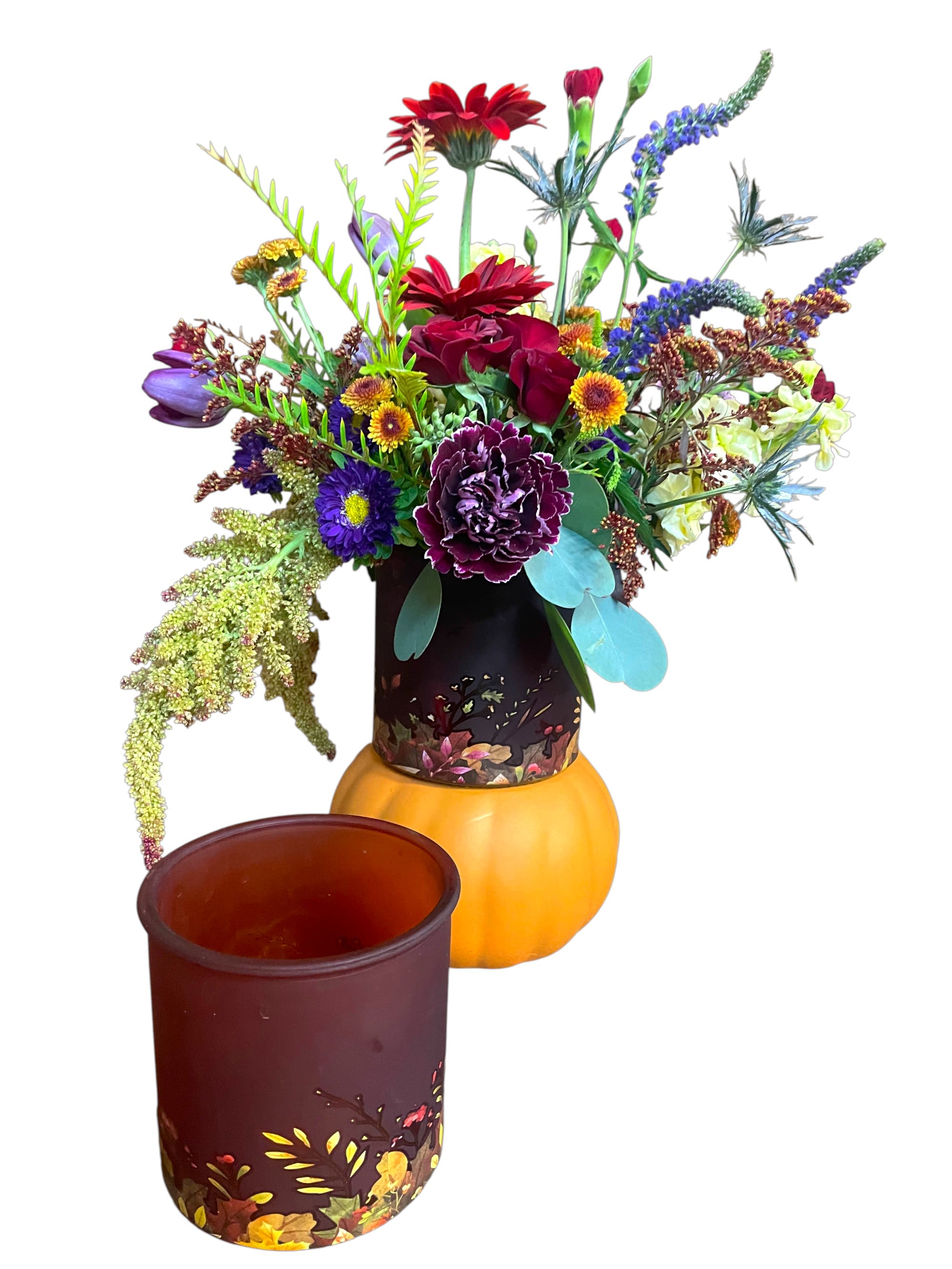 Harvest Joy Harvest Joy - Bounty of fall’s brightest stars and long lasting blooms in a frosted vases with painted detail .