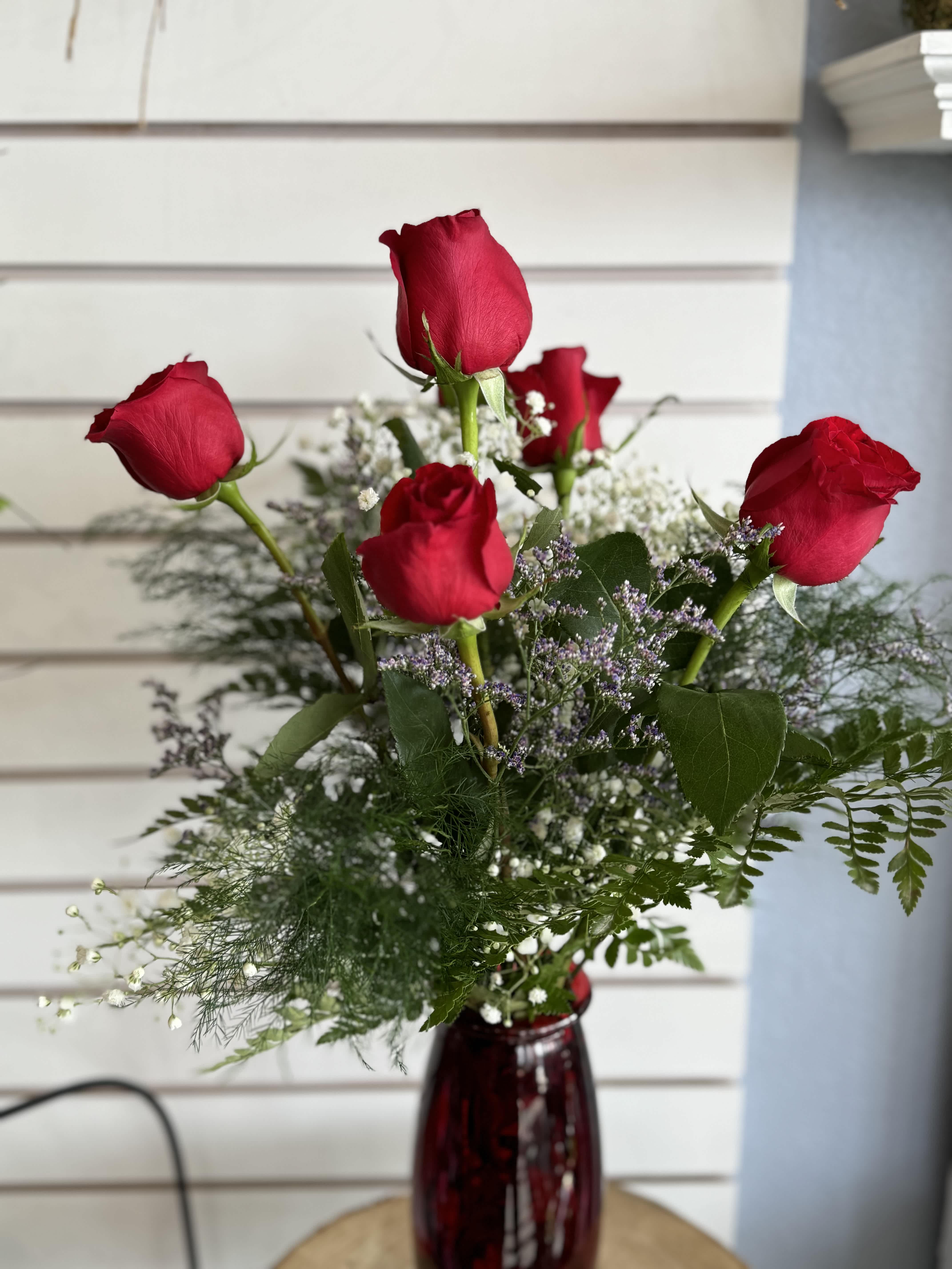 Half Dozen Red Rose Vase Half Dozen Red Rose Vase - Nothing can beat a classic 6 Red Rose vase with babies breath and greenery.
