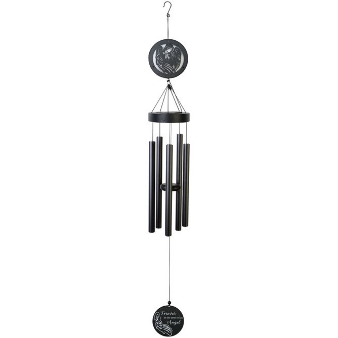 "Arms Of An Angel" 45" Solar Chime "Arms Of An Angel" 45" Solar Chime - Our laser cut chimes consist of 5 center-pinned tubes that emit sweet and gentle tones. These chimes feature all aluminum construction with powder coat, an adjustable striker and an LED solar light that will remain on for 8 hours with a full daytime charge. chime reads: forever in the arms of an angel. L: 45" W: 5.25"