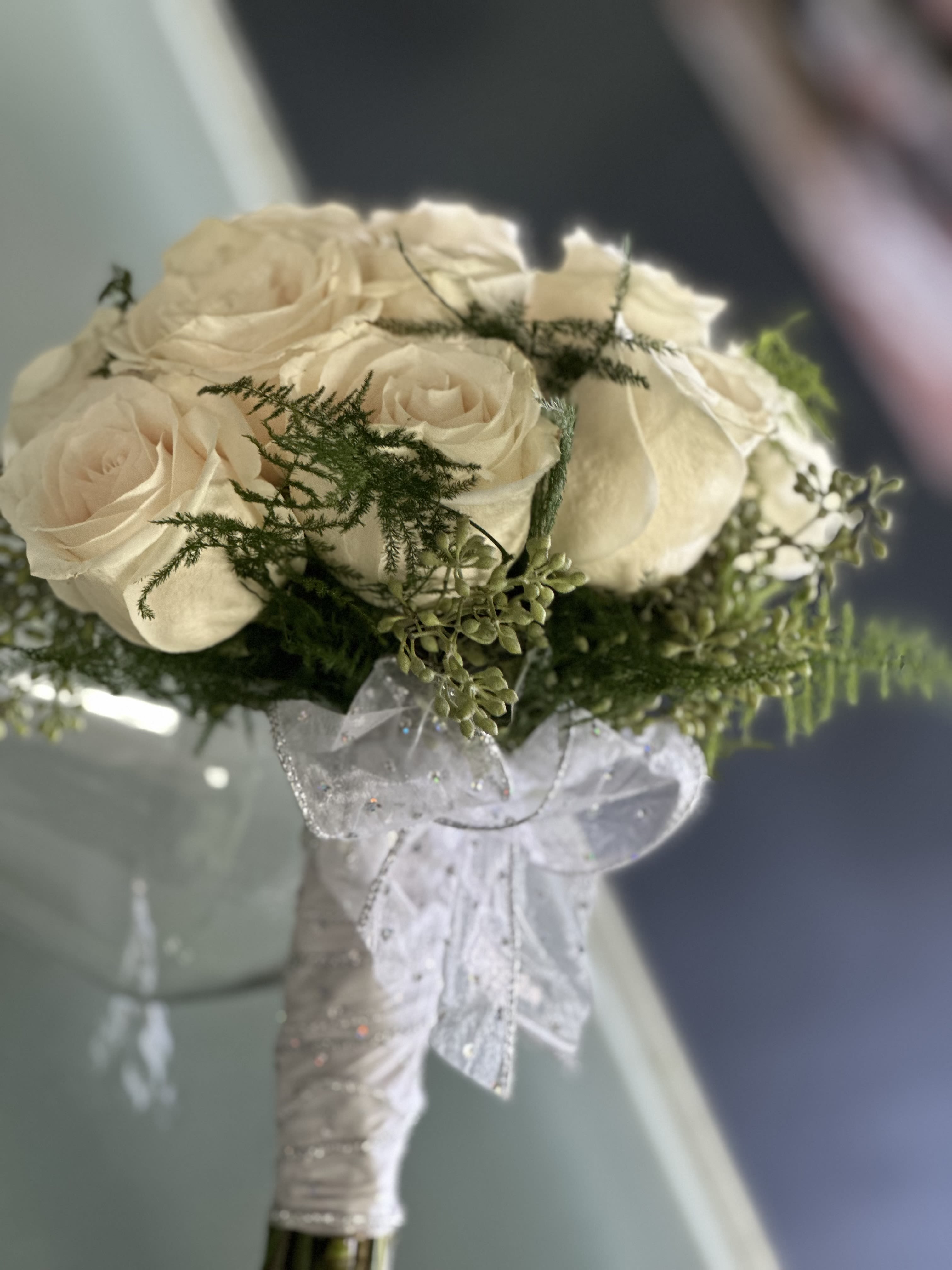 White Roses Bridal Bouquet  - White Roses Seeded Eucalyptus, Plumosa