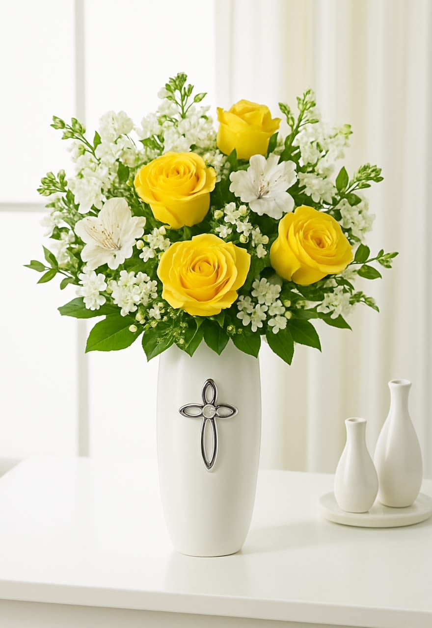 Yellow Graceful Cross Vase Yellow Graceful Cross Vase - Graceful Cross Vase offers a gentle expression of sympathy with its soothing blend of yellow roses and white blooms. Arranged in a classic vase, this elegant mix symbolizes peace, hope, and heartfelt remembrance—bringing comfort in times of loss.