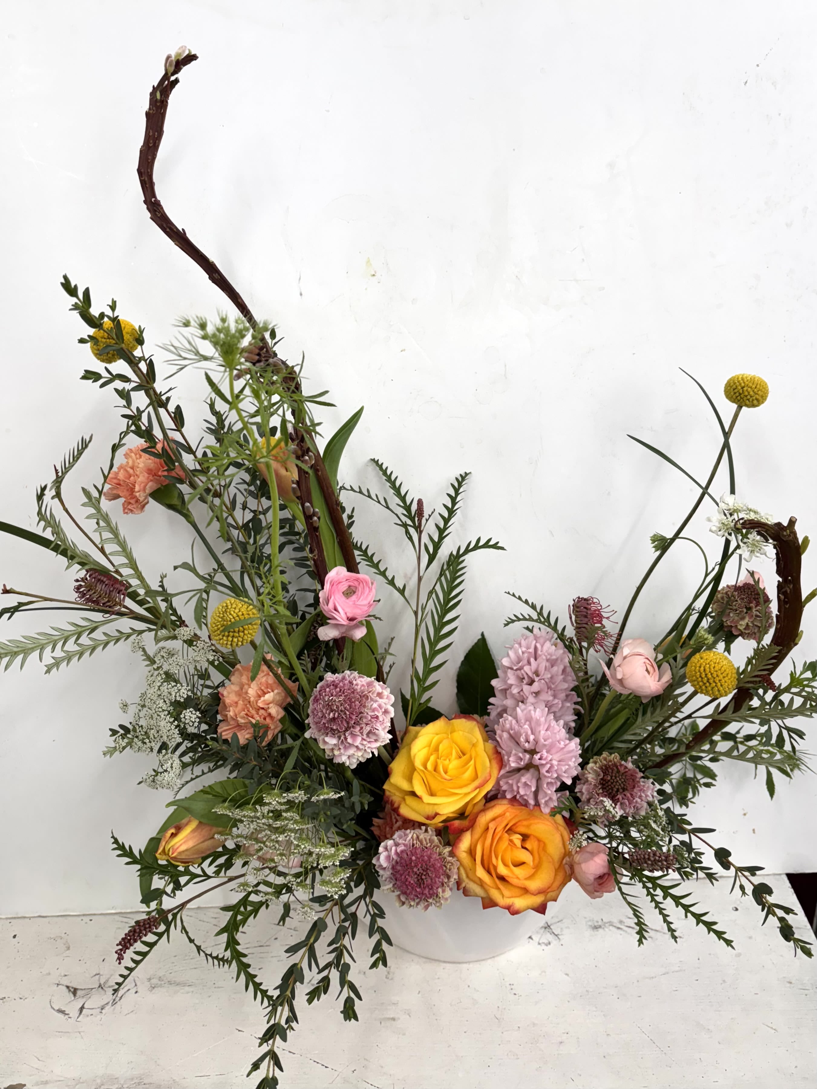 Creative  Crescent  Creative  Crescent  - Ceramic boat container with fantail pussywillow and peach and coral mixed flowers