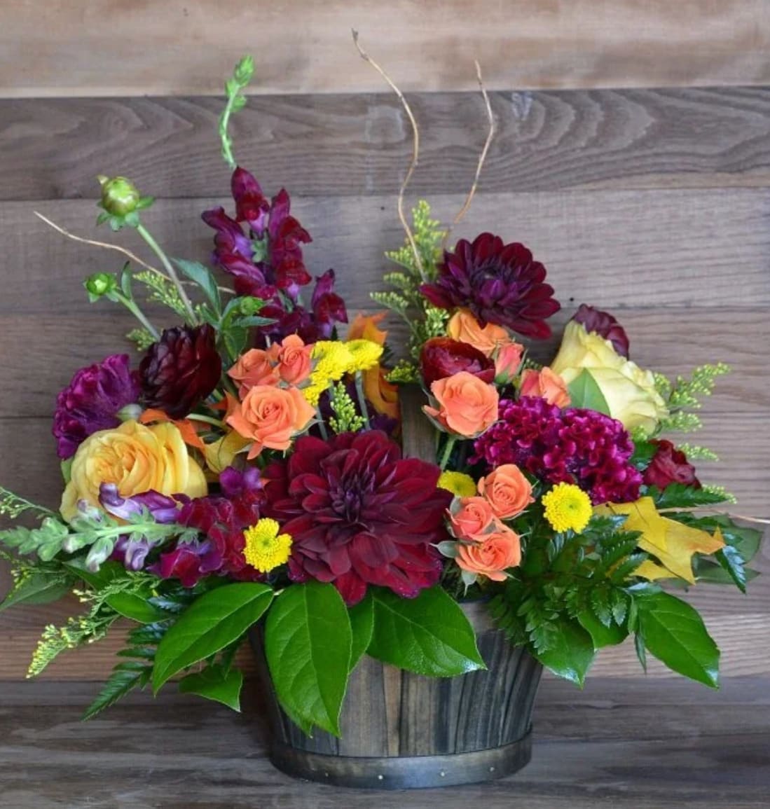 Captivating Cranberry Basket - Our split wood basket is creatively curated with premium flowers in a striking array of Autumn colors. Designed with a medley of premium burgundy Dahlia`s, burgundy Snap Dragons, yellow Roses, orange Spray Roses, Fuchsia Celosia, burgundy Ranunculus, yellow button, and seasonal greens. This beautiful bouquet is wonderful for nearly any occasion and available in three different sizes. Basket style may vary, based on availability.