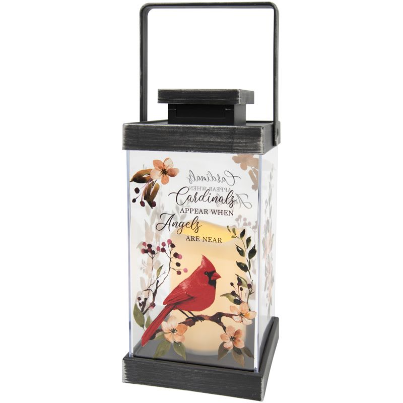 Cardinals Appear Sympathy Lighted Lantern Cardinals Appear Sympathy Lighted Lantern - Flameless LED Candle Lantern made with high-quality polyresin finish with a built in automatic timer. 6 hours ON/18 Off (3 AAA batteries included) Lantern reads " Cardinals Appear When Angels Are Near". W: 4.75" H: 13" D: 7.75"