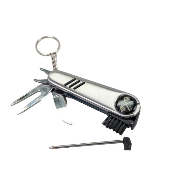 Golf Bag Buddy By Mad Man - This multi-tool is made just for Golfers and includes a ball marker, heavy-duty scrub brush, divot repair tool, groove cleaner, spike wrench, knife and keychain.