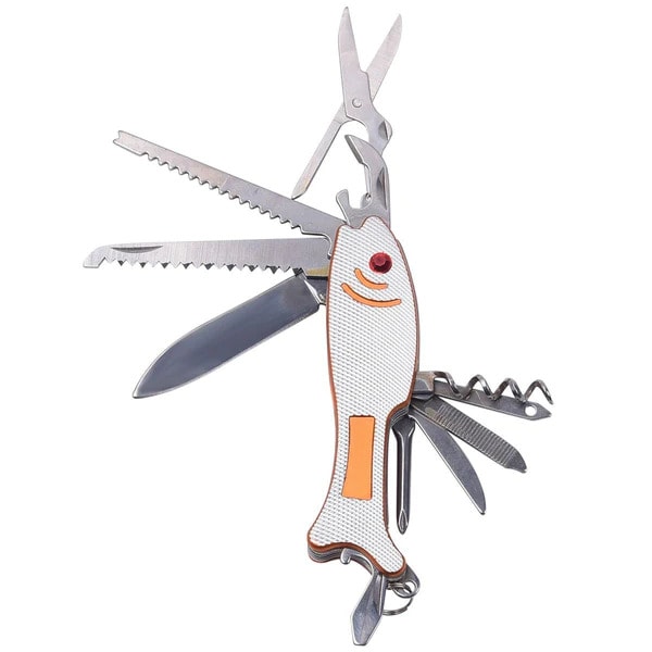 Orange Fisherman's Friend Multi Function Pocket Tool - No tackle box needed for this awesome fish shaped multi tool! Saw, slice, cut, and file on or off the boat. Small and compact for easy pocket storage. Includes bottle opener, corkscrew wine opener, &amp; phillips head screwdriver also included. Mad Man, masters of men's gifts. Material: Stainless Steel/Alloy. Dimensions: 4&quot; x 5&quot;. https://youtu.be/dnlcF_nP8I8  