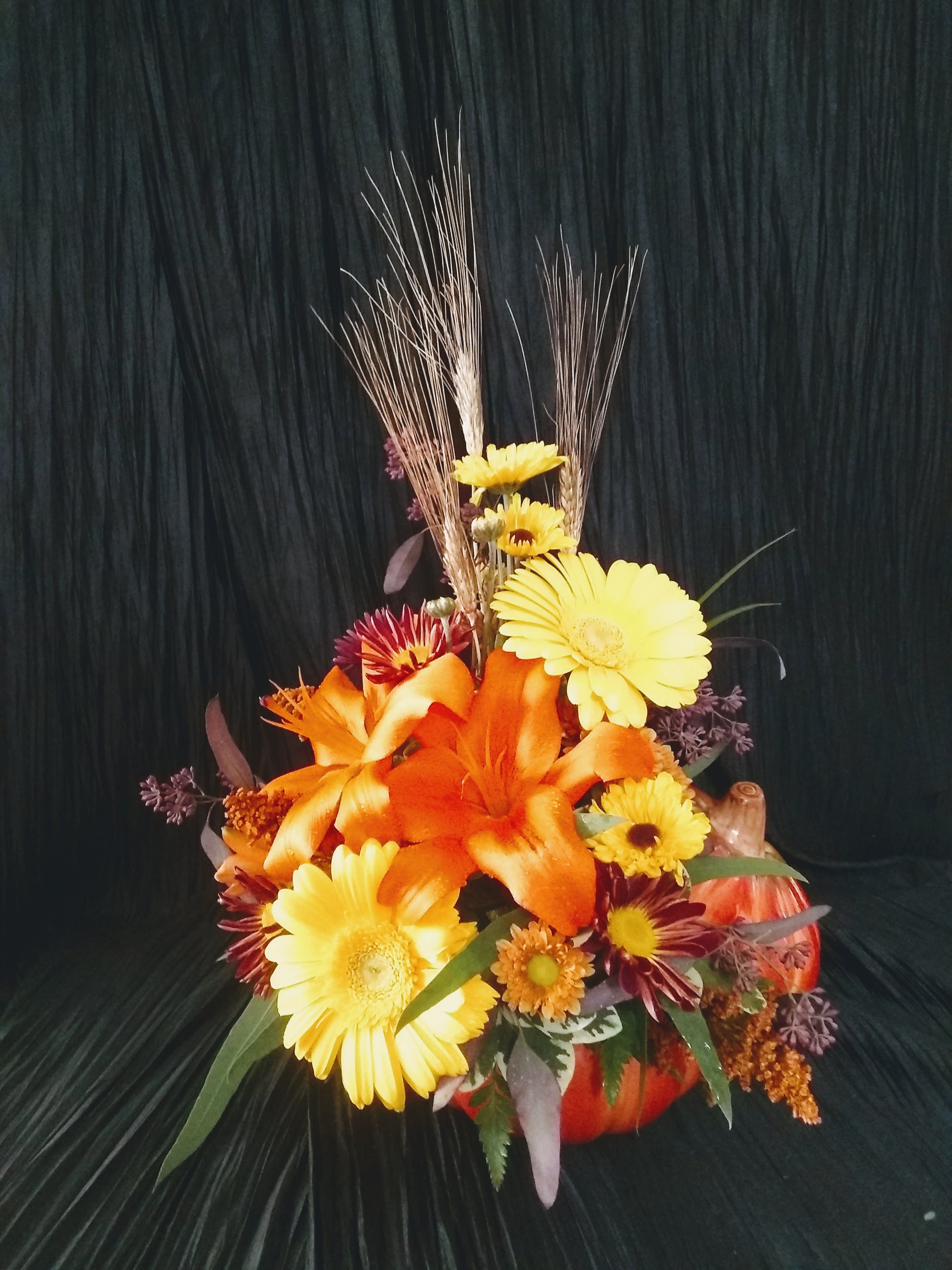 Pumpkin & Posies Pumpkin & Posies - Fall colored flowers in a ceramic pumpkin with a lid