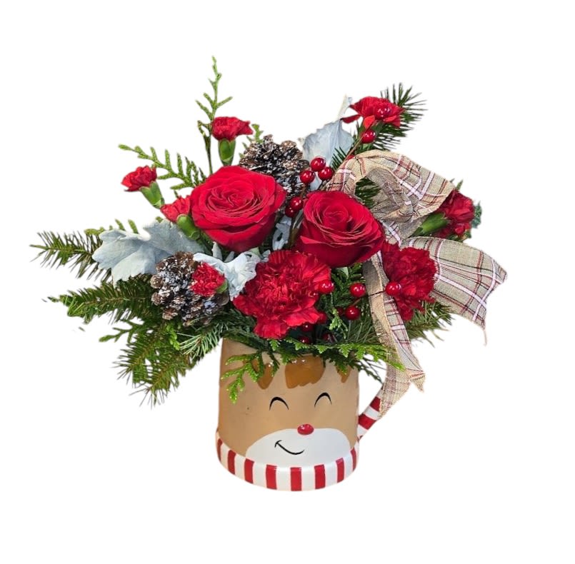 Reindeer make  wish Reindeer make  wish - Overflowing with festive blooms, this adorable reindeer delivers your holiday wishes! The glazed ceramic mug adds a whimsical touch to your seasonal sipping. This delightful bouquet showcases red roses, red carnations, dusty miller, douglas fir, and white pine. It's beautifully presented in a Reindeer Wish Mug, perfect for spreading holiday cheer.
