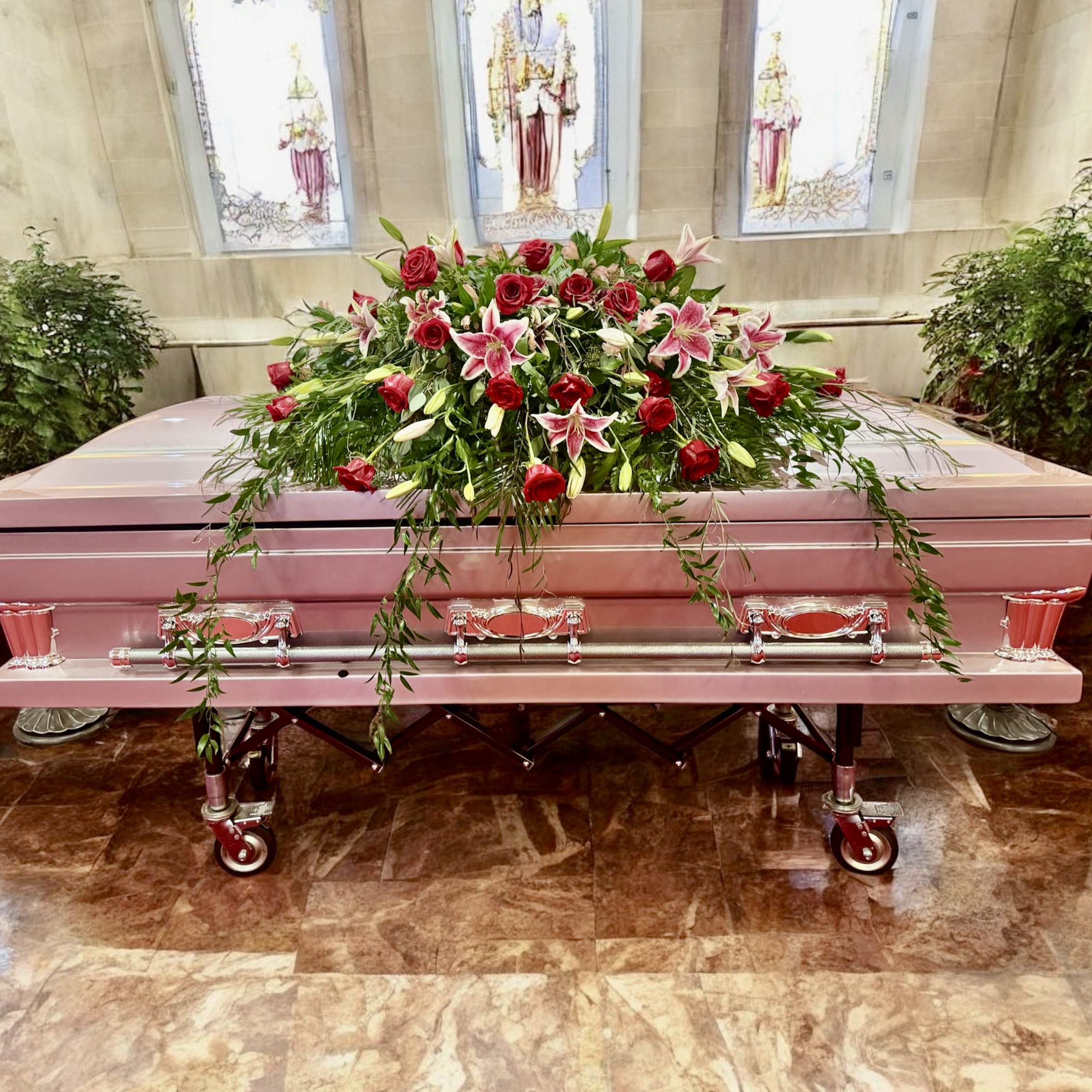 Red Rose Casket Spray - A beautiful Cascading 1/2 casket spray