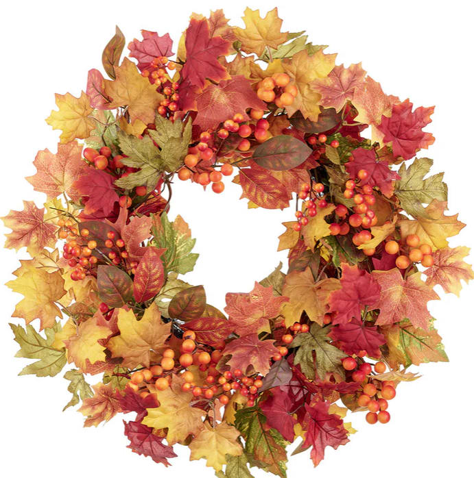 Harvest Wreath Harvest Wreath - Stunningly beautiful, this 24" berry, maple & magnolia leaf silk hanging wreath will never need a drop of water or pruning. Place it proudly above your mantel, an exterior door, or even on your kitchen wall to create a warm inviting atmosphere. Or create an autumnal table centerpiece by placing a large candle holder in the middle. Welcome the beauty of the harvest into your home this season. And... You'll get to cherish it for a lifetime!
