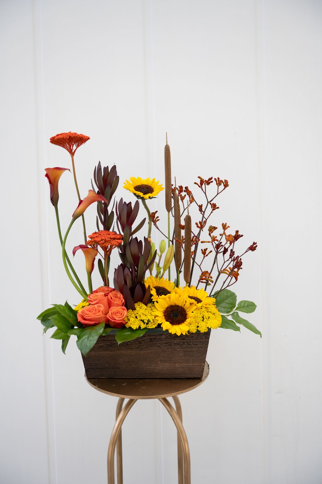 AUTUMN LANDSCAPE   - Natural wooden box landscaped with mini callas, sunflowers, sunflowers, achillea, and kangaroo paw. A modern, natural take for the fall. 