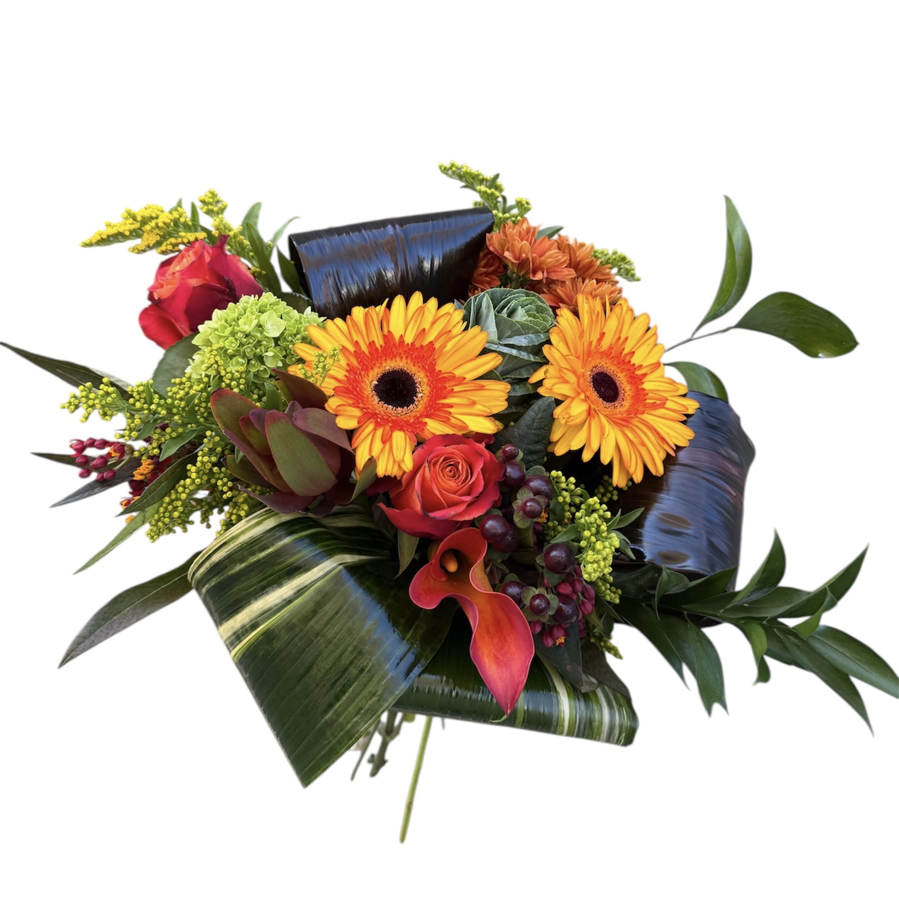 Autumn Wrapped Bouquet Autumn Wrapped Bouquet - Roses, gerbera daisy's, green hydrangea, berries, kale, calla lily, and more wrapped in paper as shown in photo.