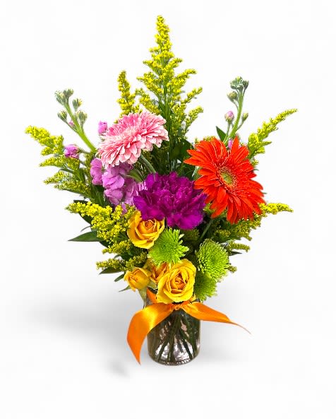Fruit Cup  Fruit Cup  - This delightful micro bouquet is guaranteed to brighten anyone’s day! Featuring cheerful gerbera daisies complemented by spray roses, stock, solidago, and a variety of vibrant blooms, it creates a lively and eye-catching arrangement full of color and charm.