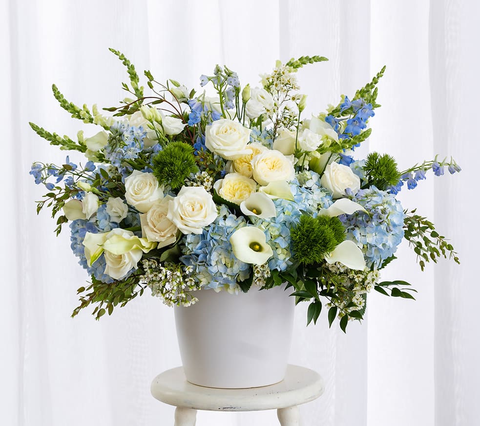 By the Sea Collection - Luxe Size  - Nothing restores a sense of joy and rejuvenation like spending some time oceanside. Our By the Sea Collection is a tribute to a seascape filled with shades of blue and white. Each arrangement is overflowing with hydrangea, mini Callas lilies, delphinium, Snapdragons, Dianthus, Lisianthus, Snapdragons and fresh Eucalyptus.   Our luxe sized designs are our most majestic and grand arrangements guaranteed to impress with its volume of blooms, rich design and gorgeous large ceramic vessel (white or gray.)   Dimensions: Arrangement is 24&quot; high and 20&quot; wide. Weight is approximately 30 pounds. Vase makes a lovely planter or vase for years to come.    