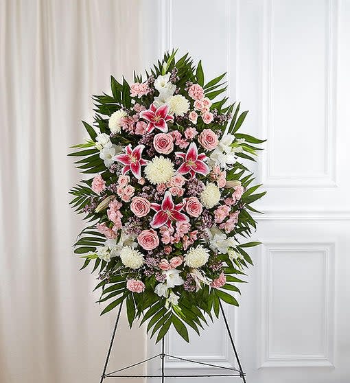 Pink &amp; White Sympathy Standing Spray (FS13) - The warmth and kindness they showed will live on forever, and sometimes this sentiment is best captured through flowers. Our impressive standing spray arrangement, meticulously handcrafted by expert local florists with soothing pink and white blooms for a lush, full presentation, creates a truly memorable tribute.