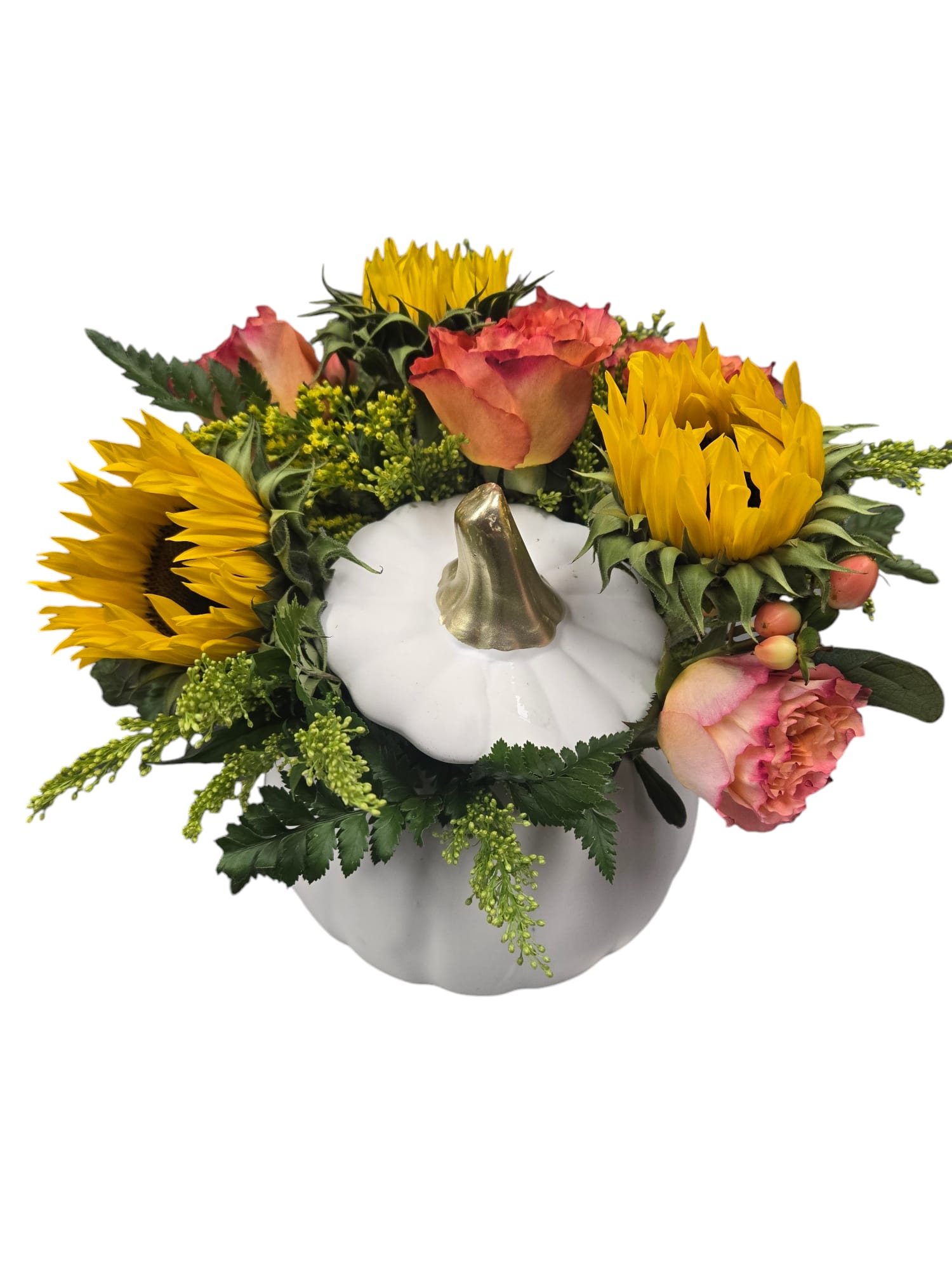 Pretty Pumpkin Bouquet  - Rustic autumn flowers in a ceramic pumpkin that looks like it just came from the patch. What a truly gorgeous gift for somebody special. The radiant bouquet includes sunflowers, chrysanthemums, red carnations, solidago  and roses  