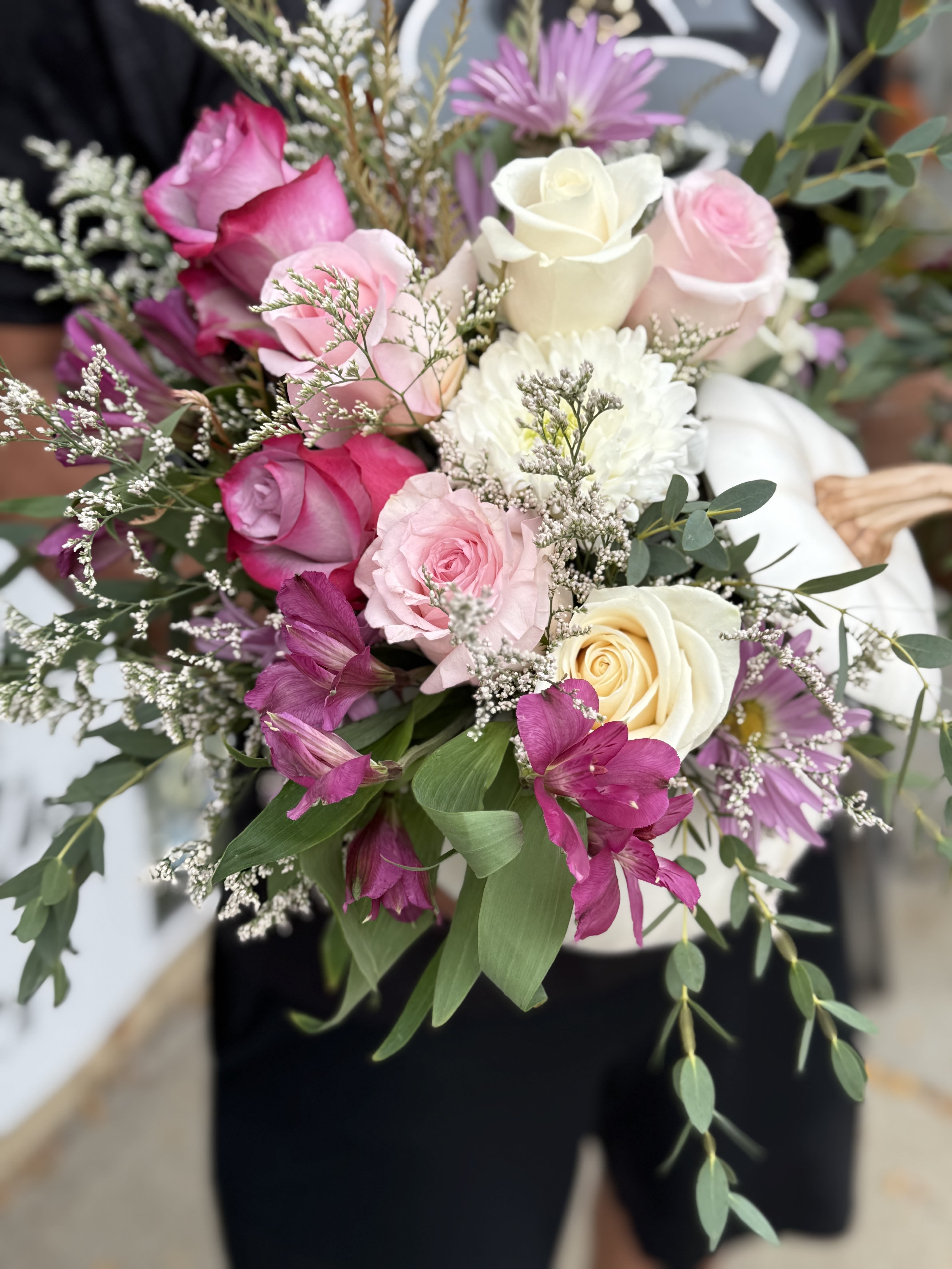 Pumpkin - Ivory   - Purples, lilacs, pinks and whites in this cute ivory pumpkin. A modern twist on a traditional cutie. 