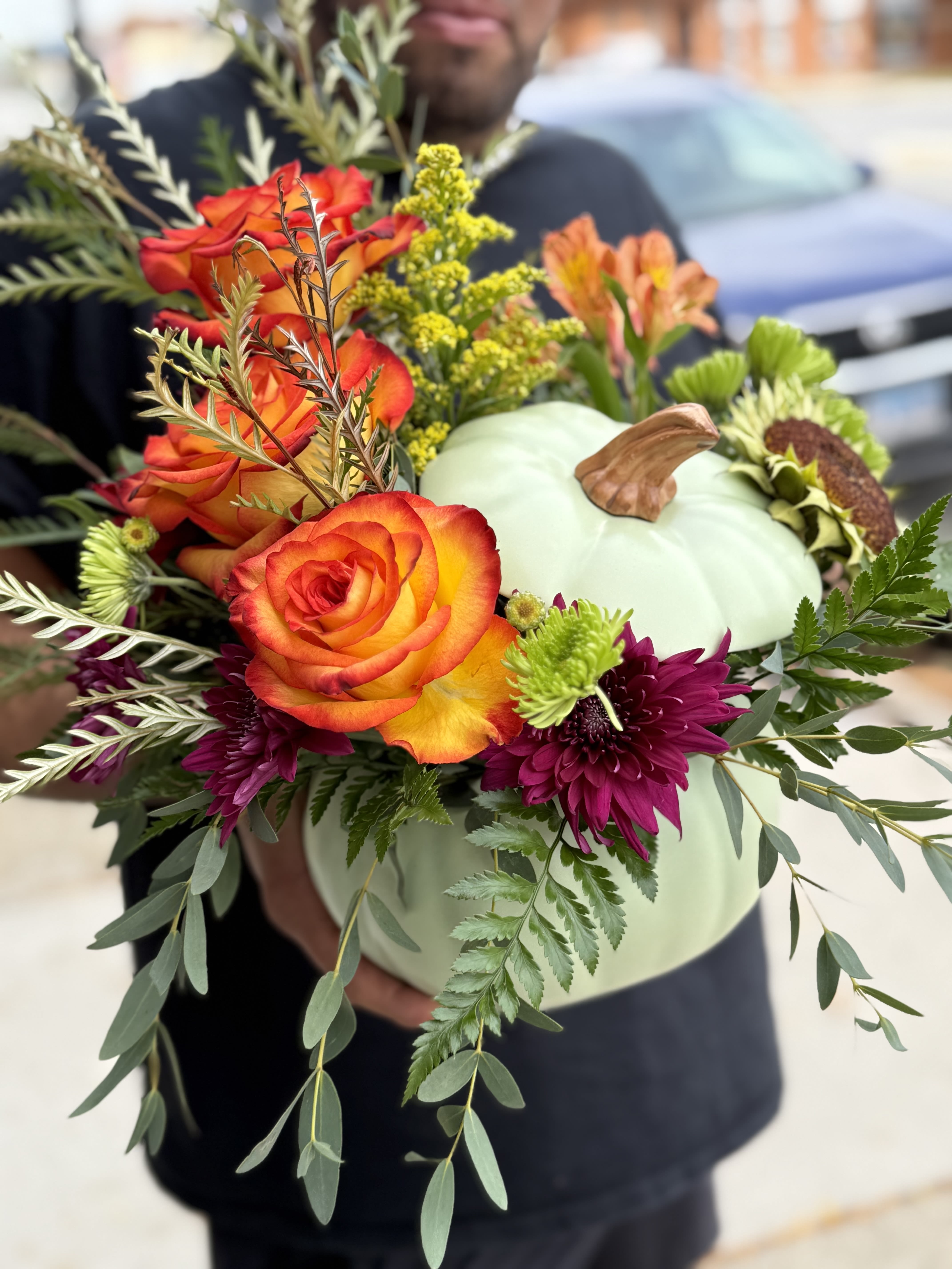  Pumpkin - Sage - The most popular pumpkin color because it goes so well with orange roses. Fall greens, cranberries and purple mums make this cutie so sought after. 