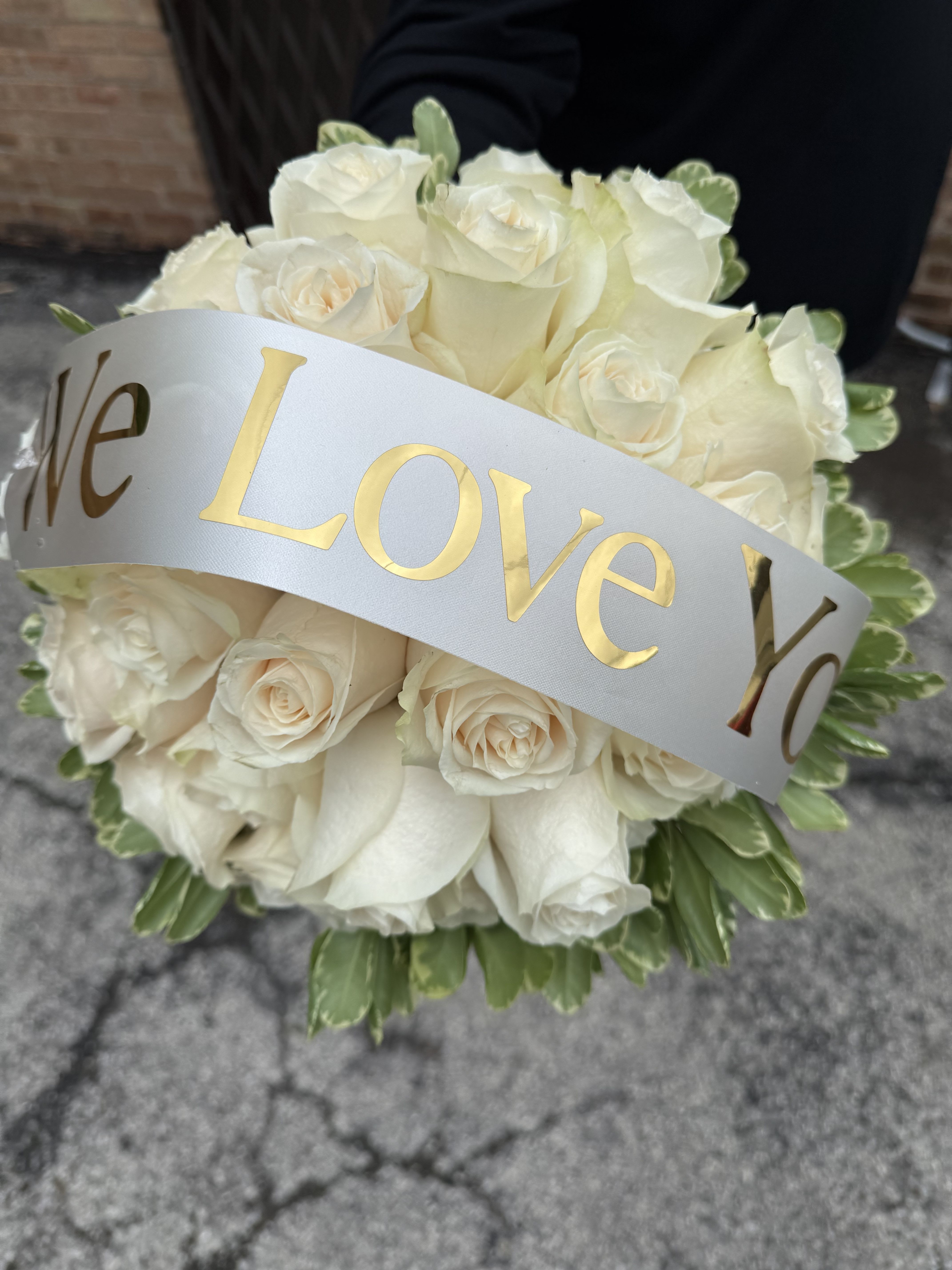 I Love You Bouquet  - 27 roses with variegated greens and I love you ribbon. 