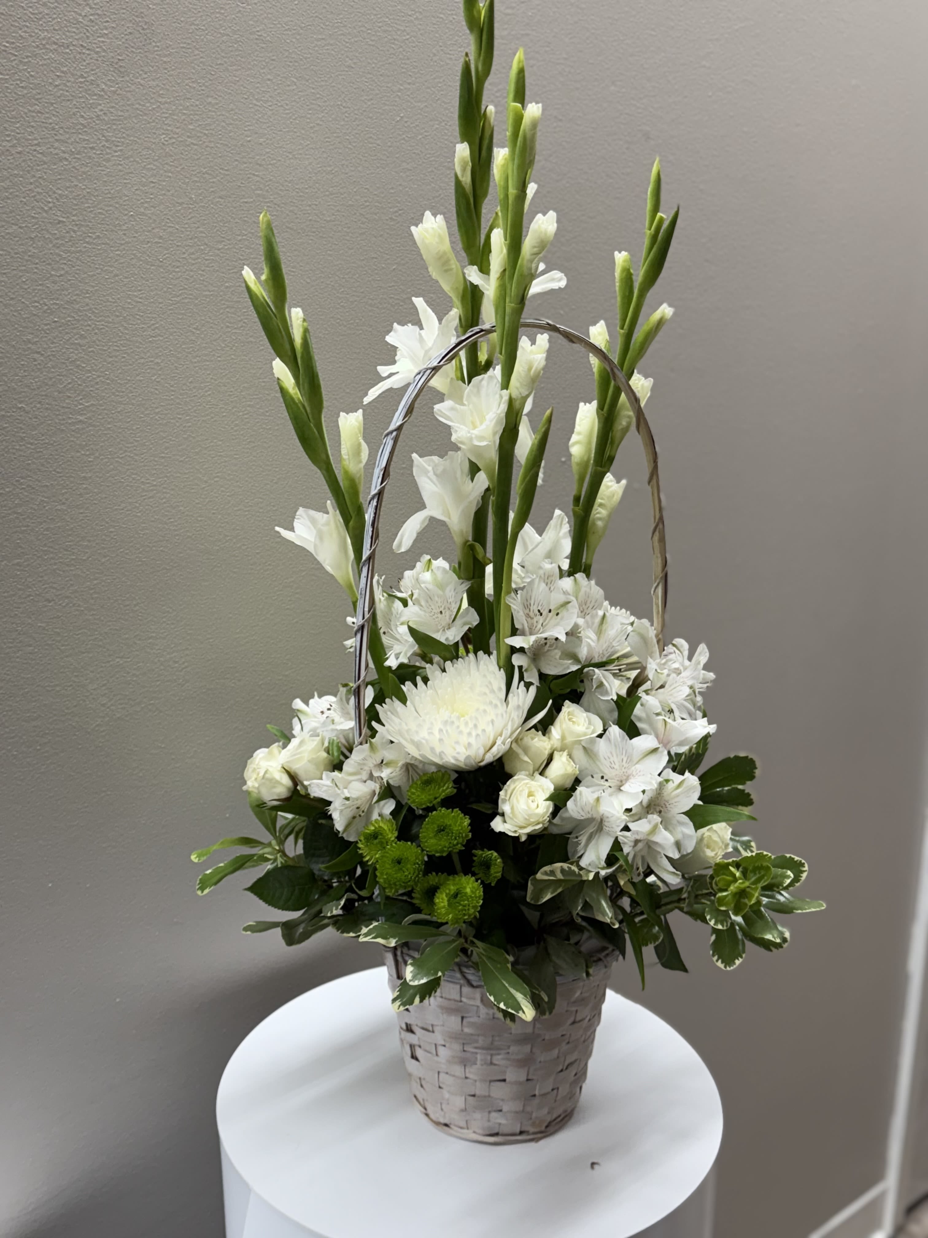 Glad to Know You  - A combination of 7 different types of flowers and greens in a white &amp; lime green vibe and white basket 